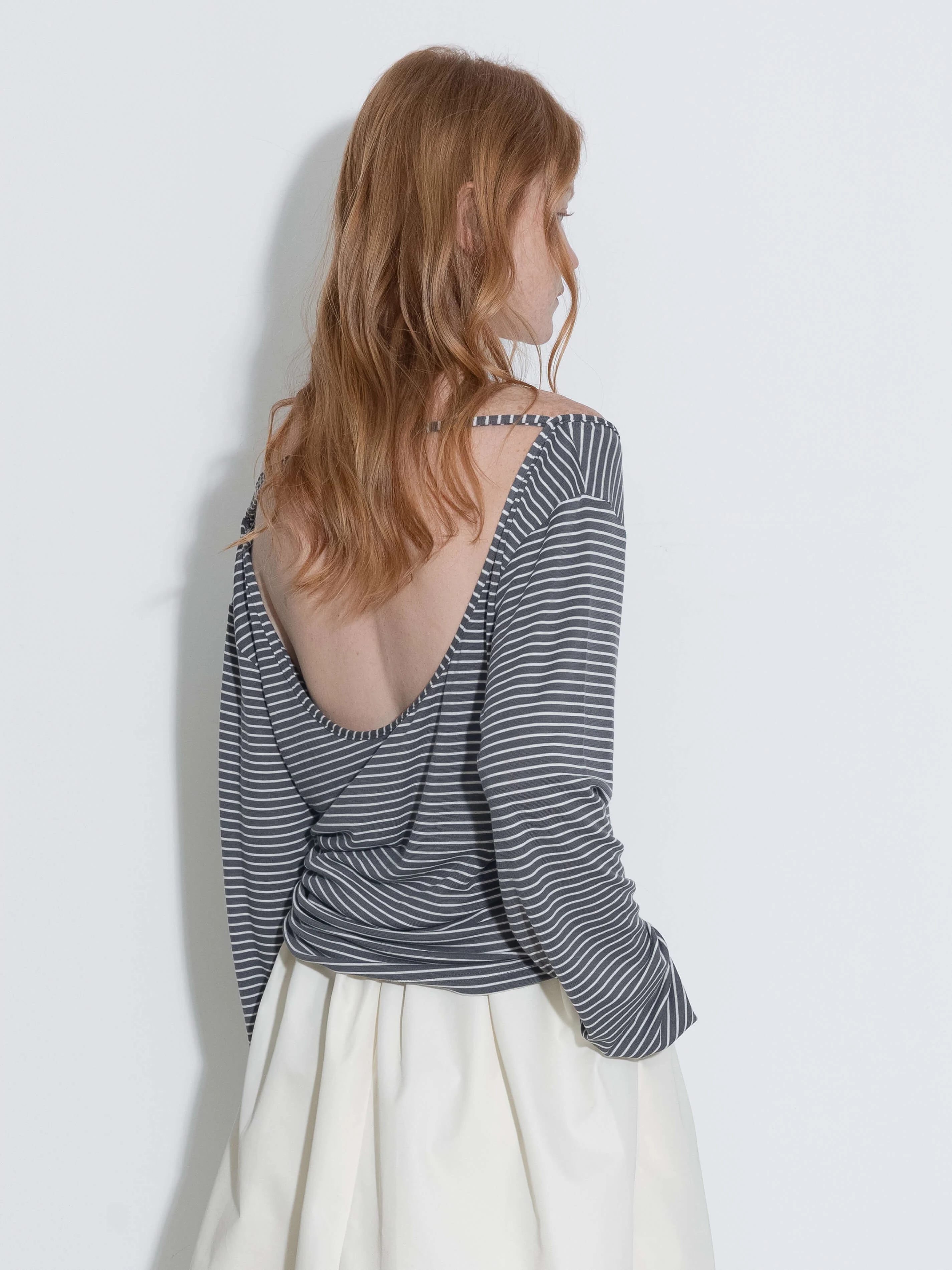 Adjustable Collar Oversized Stripe Long Sleeve Top - Image 14