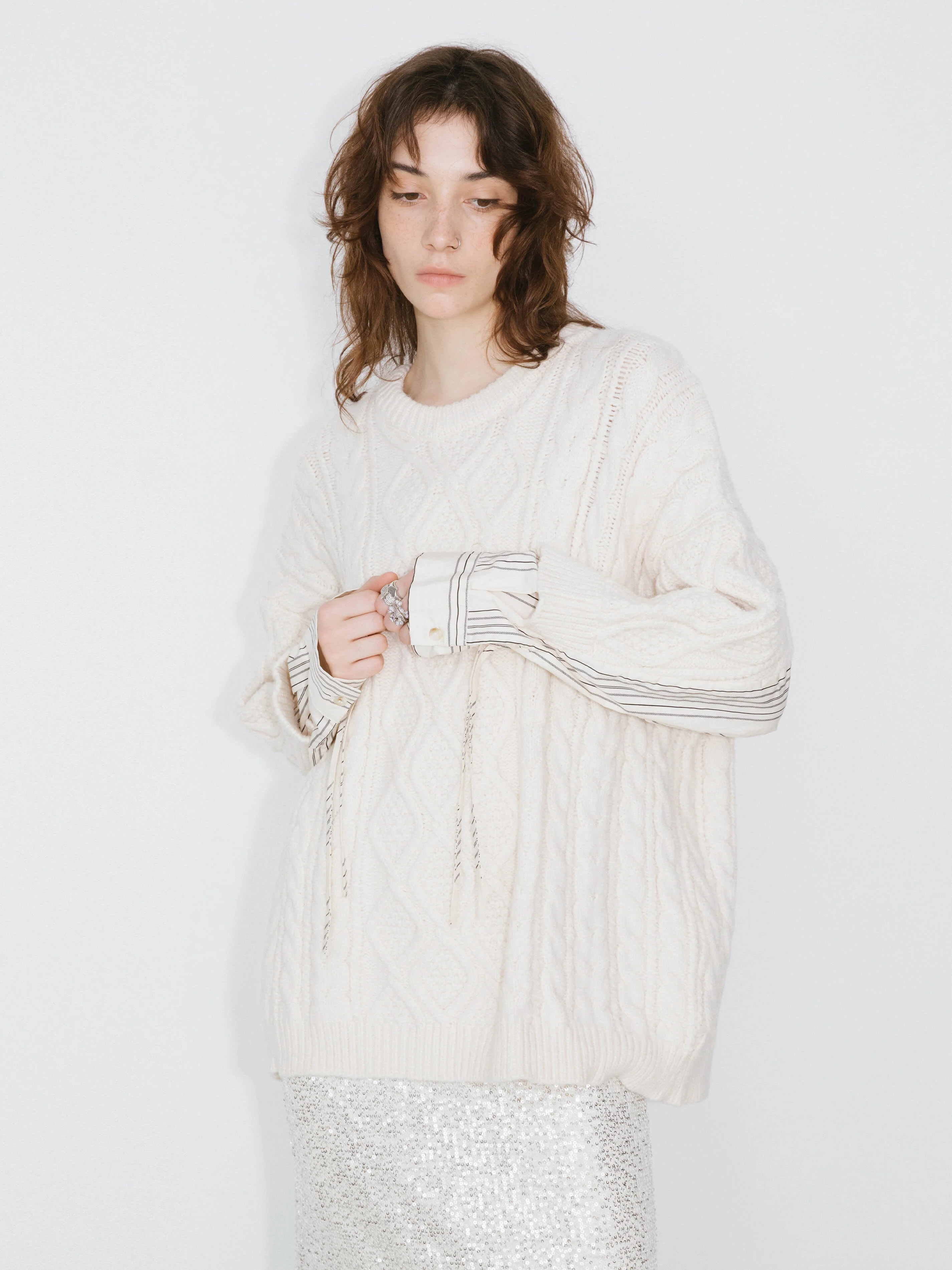 Cable Knit Jumper With Shirting Sleeves - Image 8
