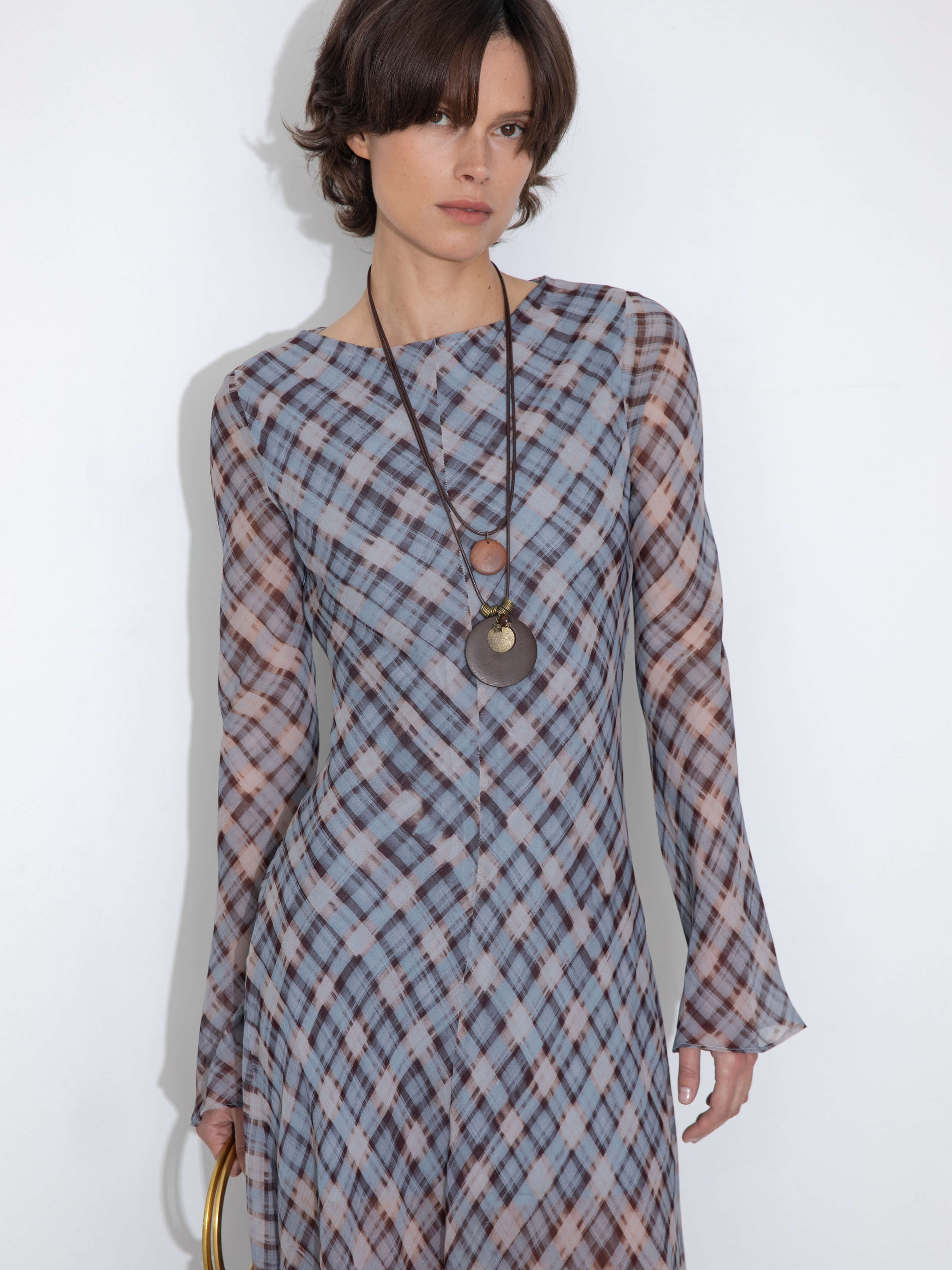 Checkered Crew Neck Long Sleeve Dress - Image 5