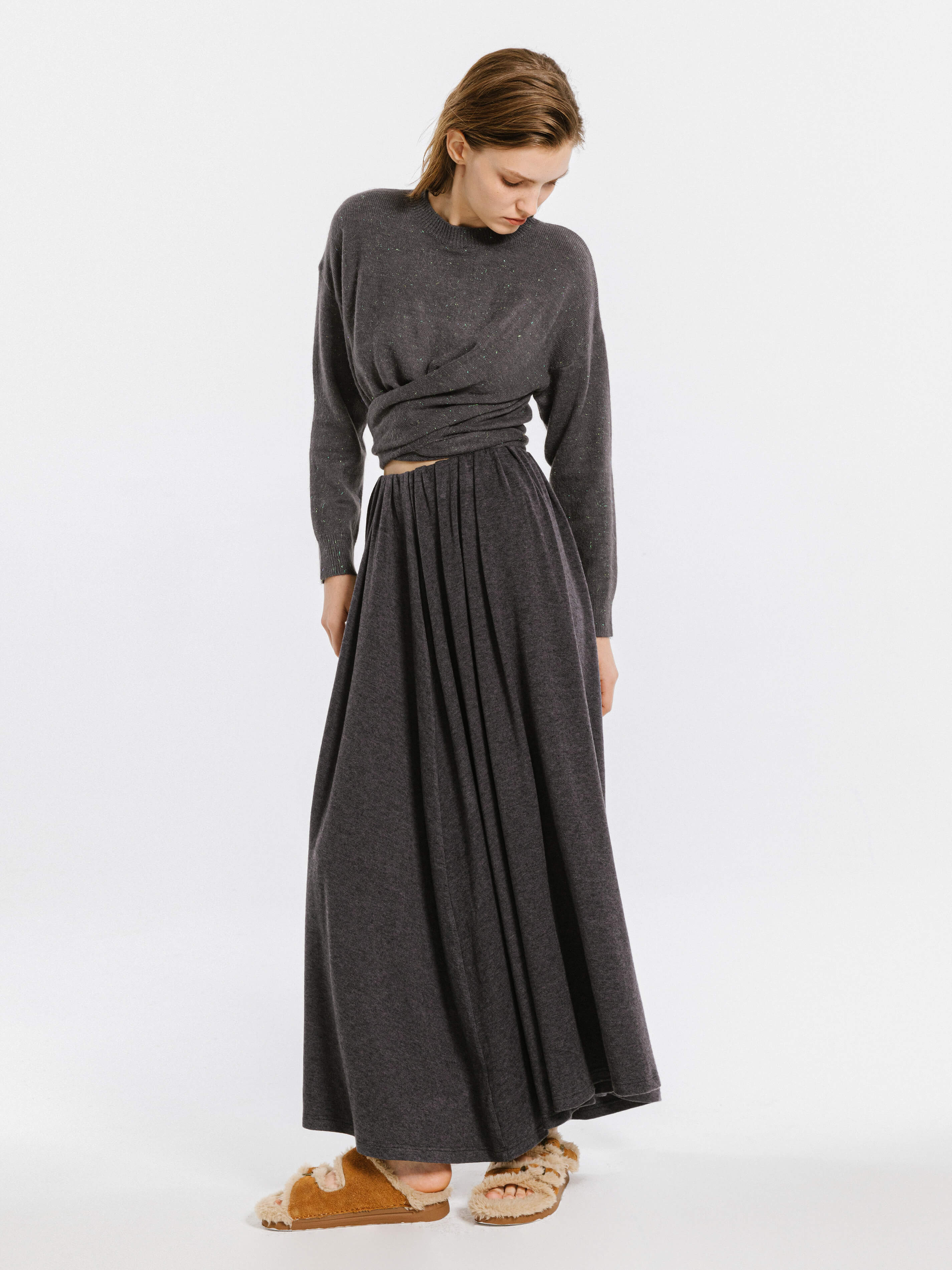 Crew Neck Front Tie Knit Sweater - Image 2