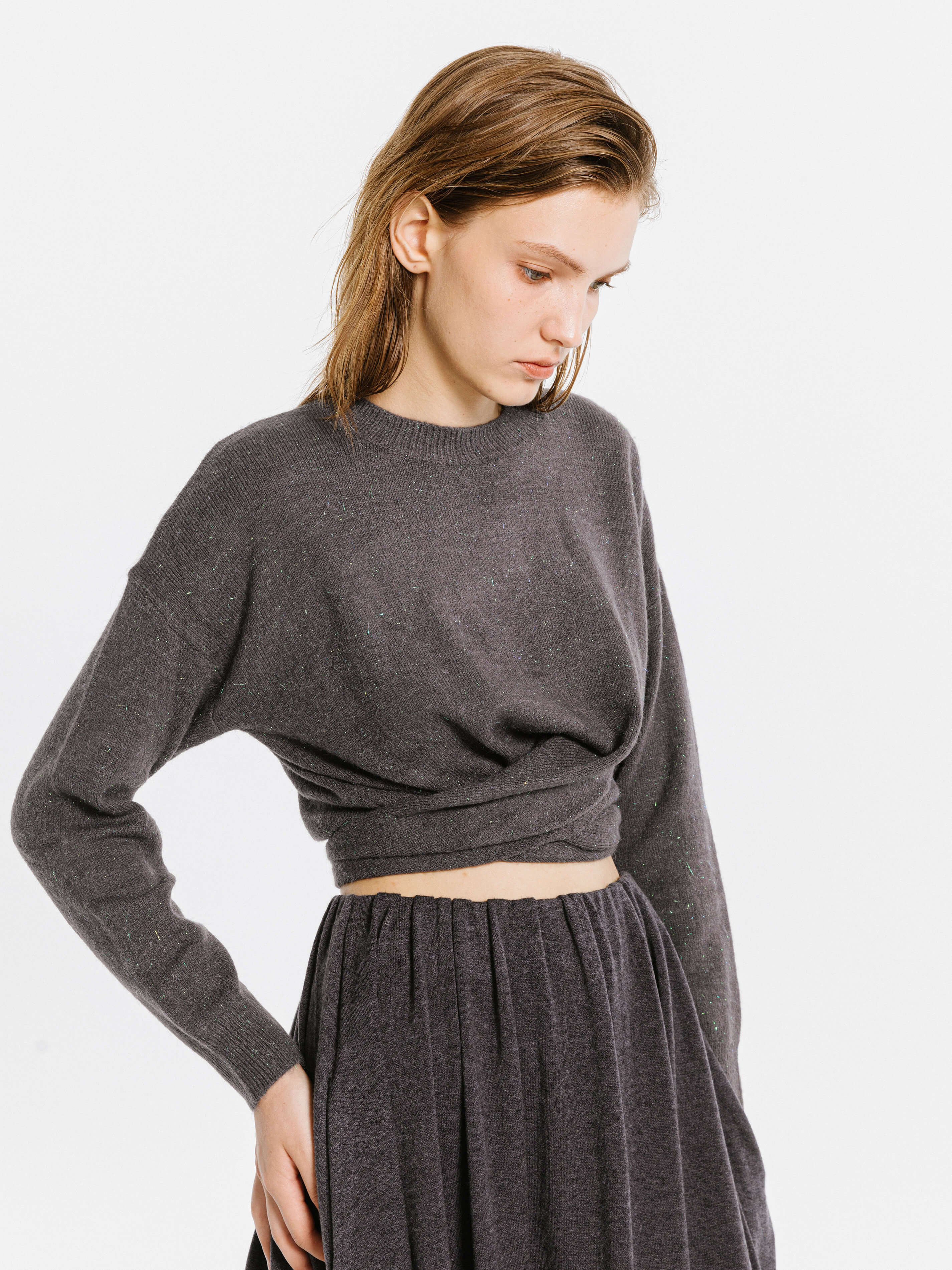 Crew Neck Front Tie Knit Sweater - Image 4
