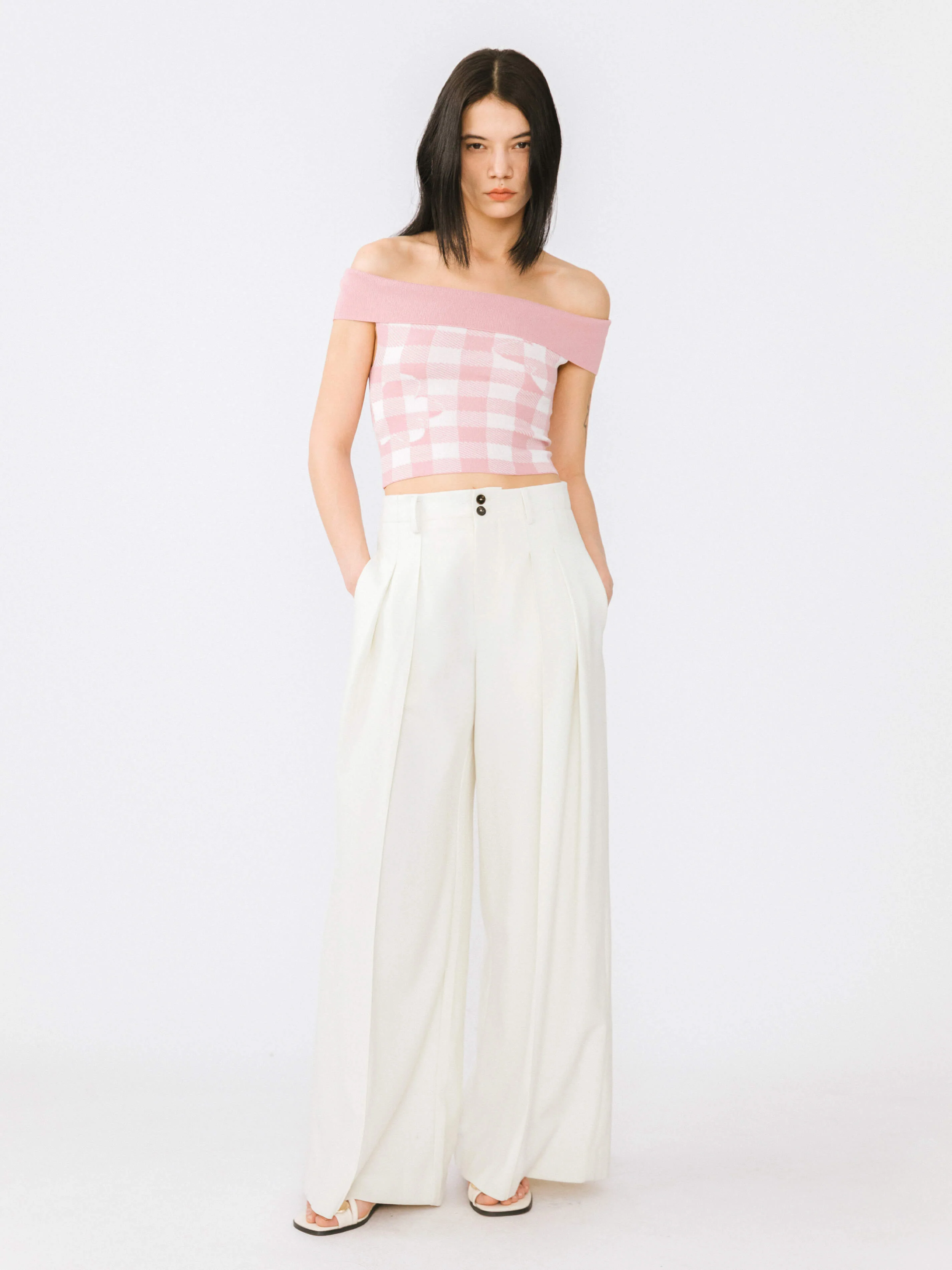Off-Shoulder Checkered Knit Cami Top - Image 10