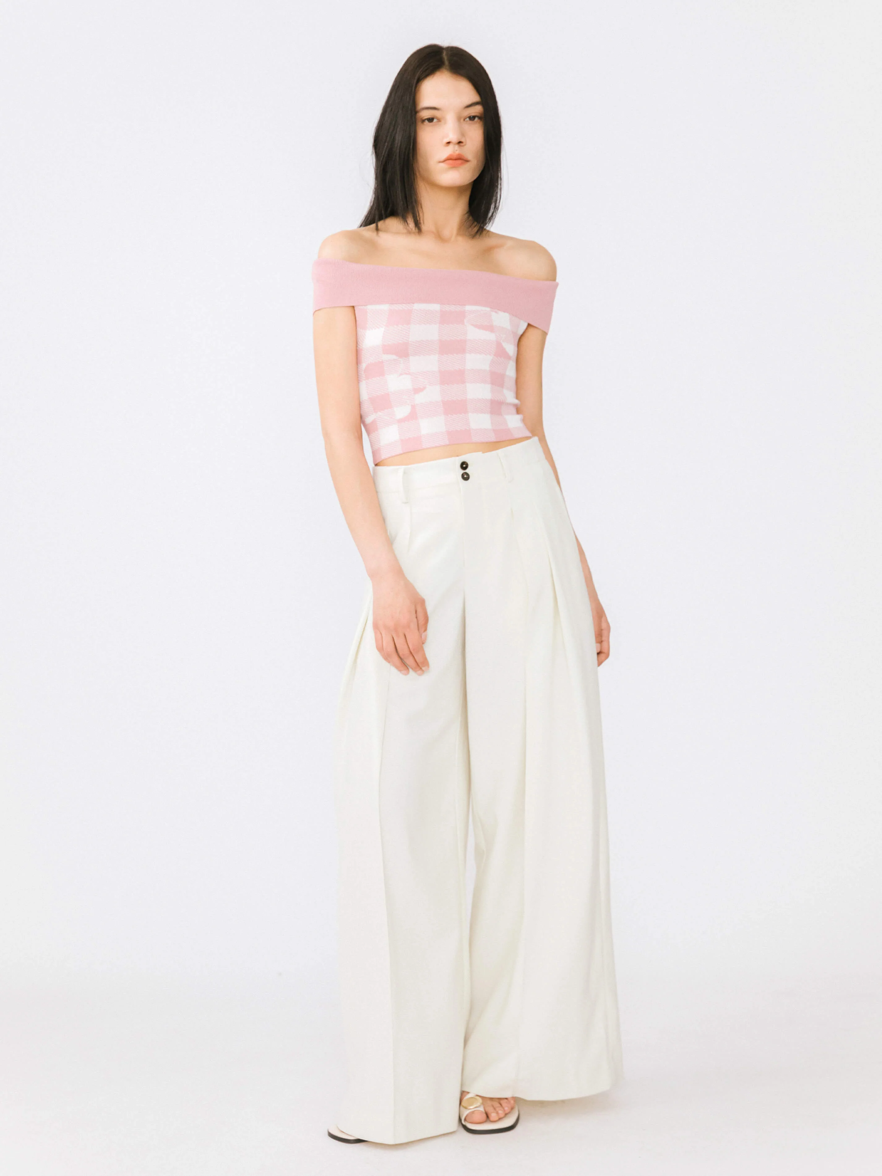 Off-Shoulder Checkered Knit Cami Top - Image 12