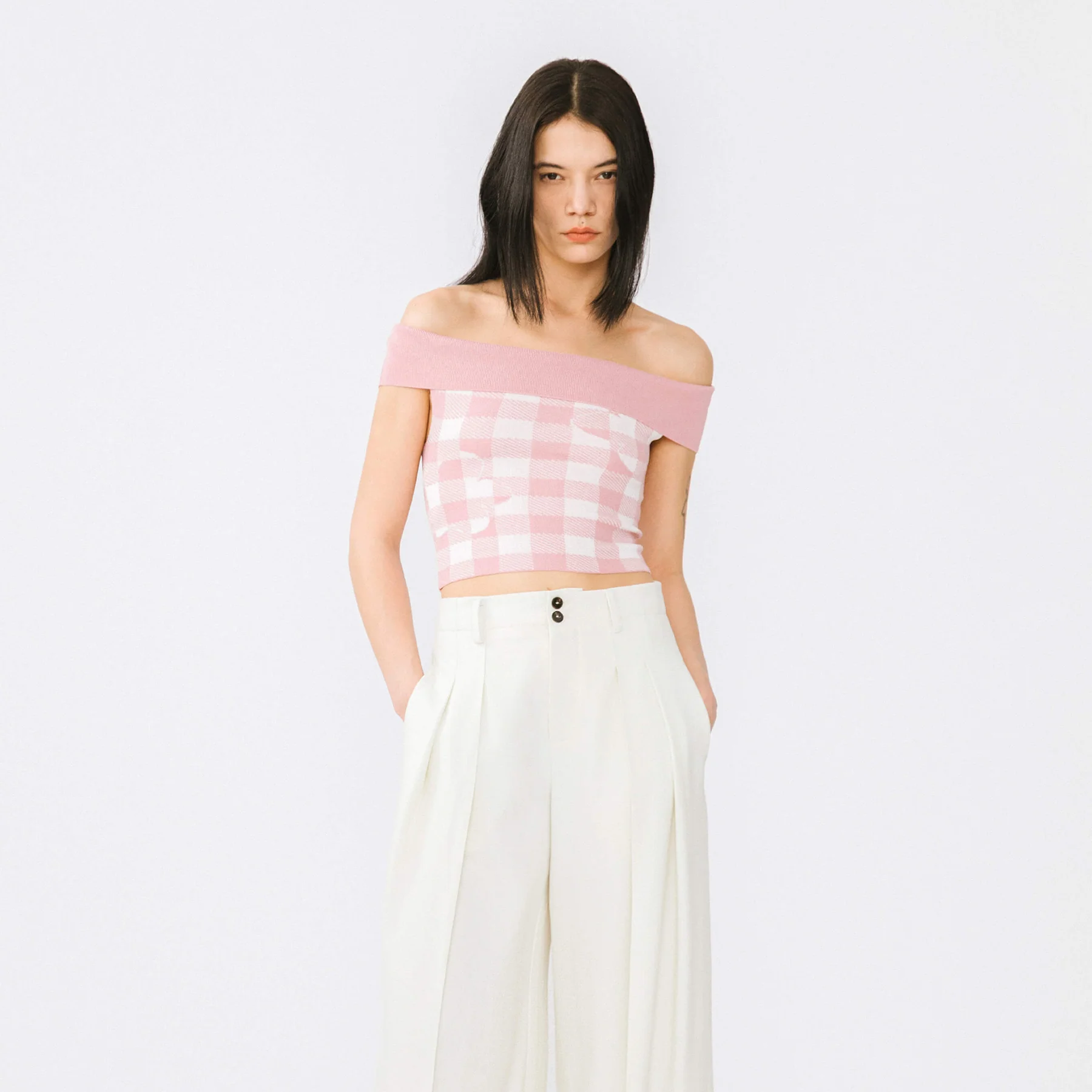 Off-Shoulder Checkered Knit Cami Top - Image 13