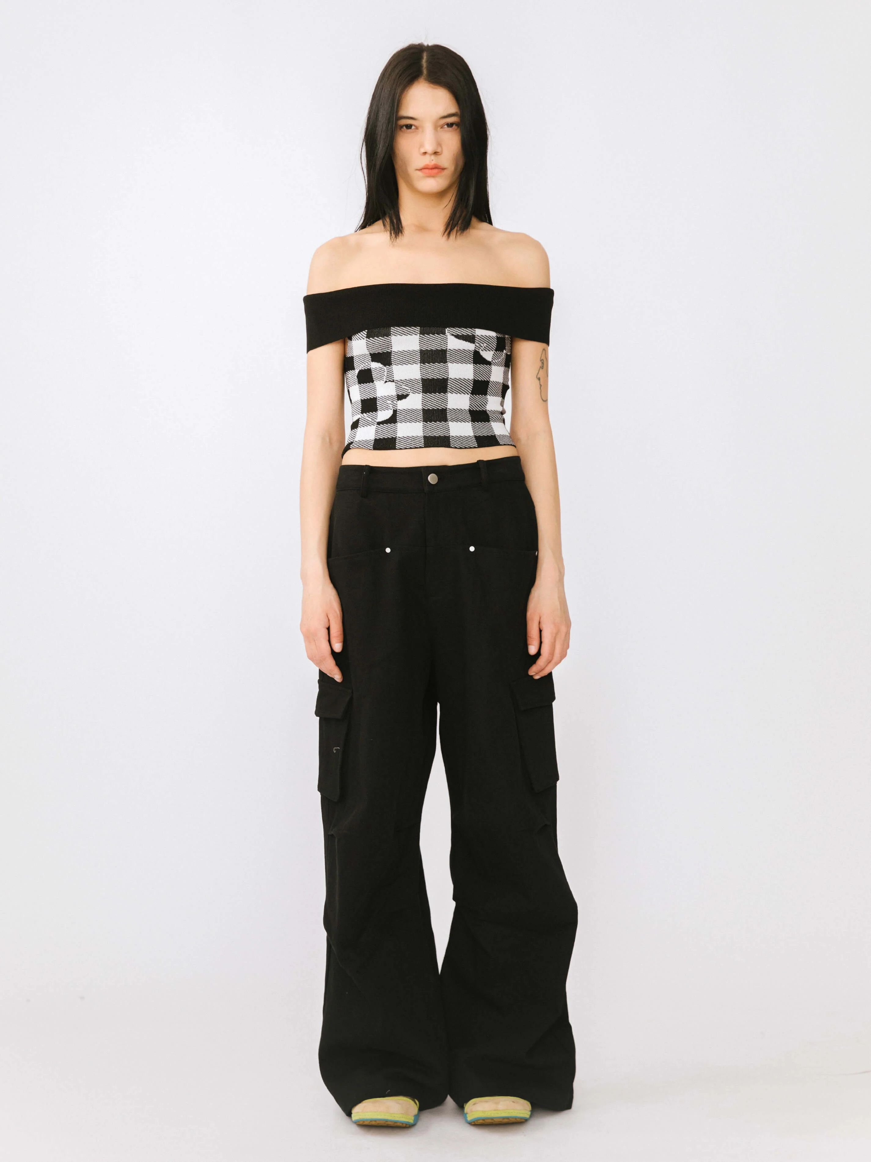 Off-Shoulder Checkered Knit Cami Top - Image 19