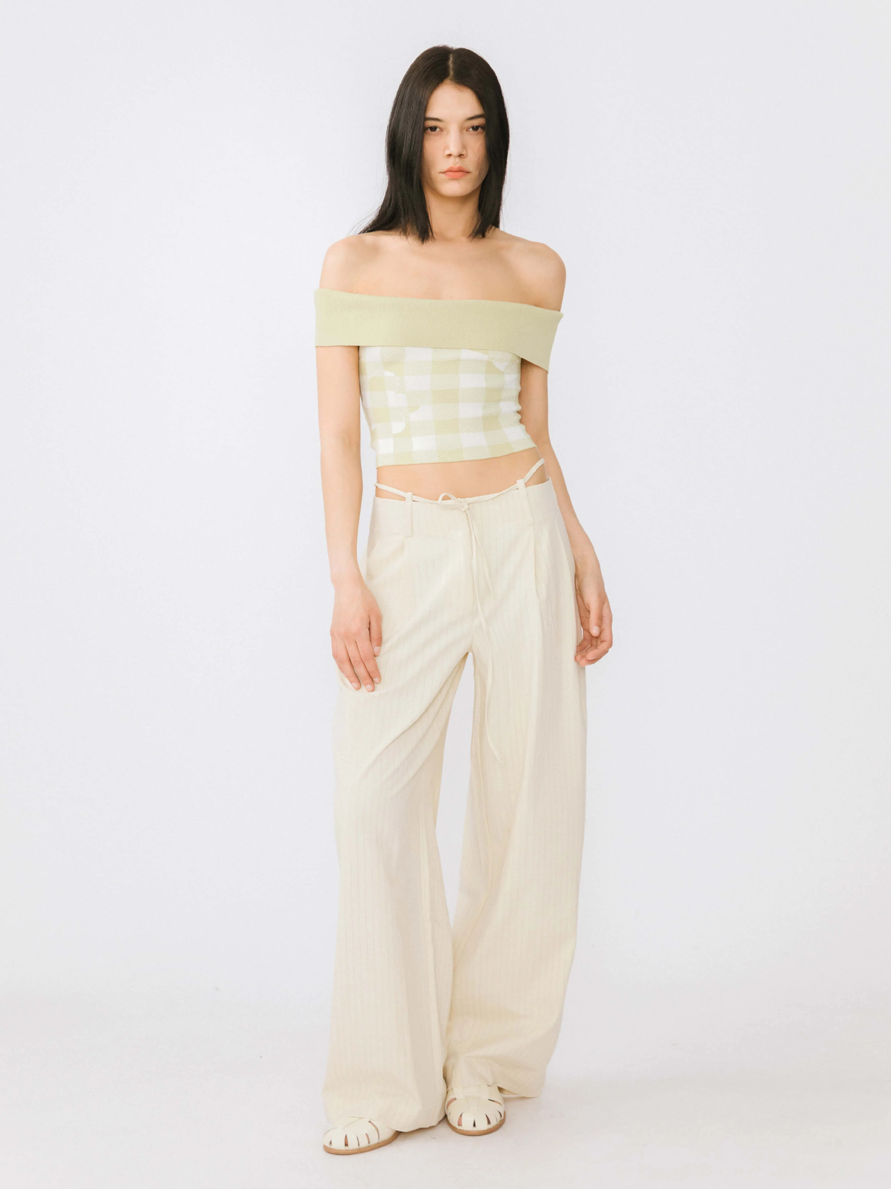 Off-Shoulder Checkered Knit Cami Top - Image 2