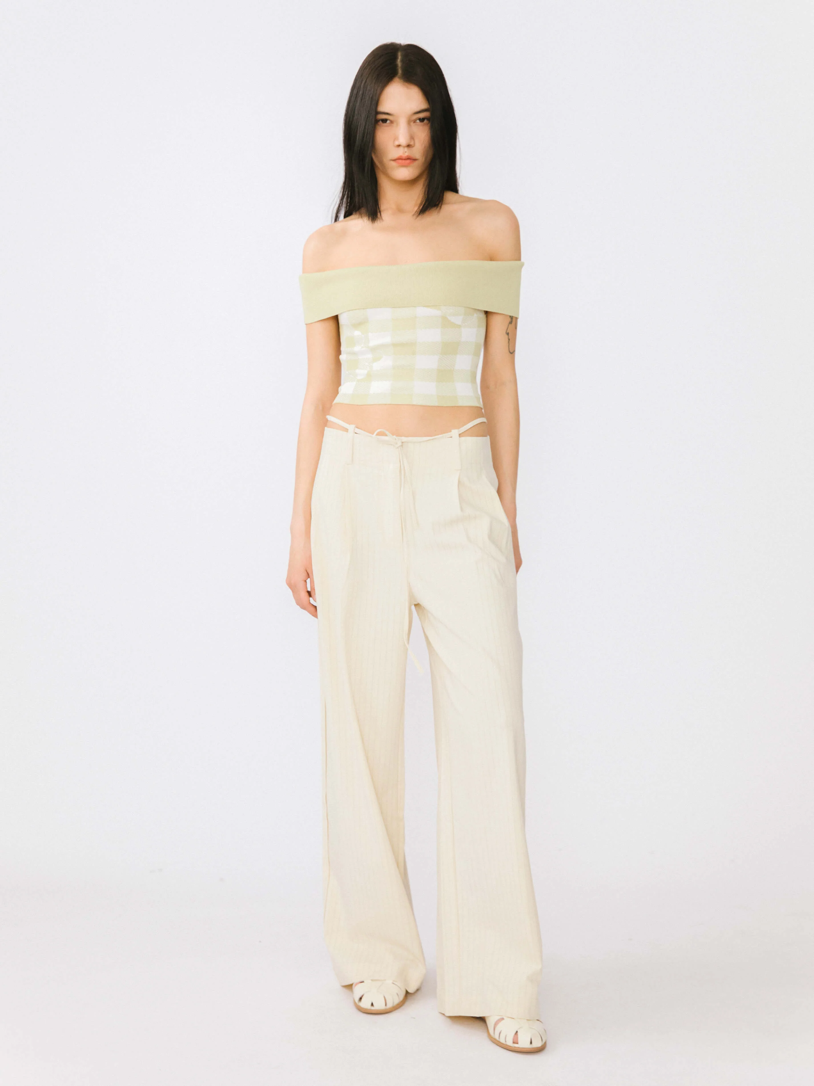 Off-Shoulder Checkered Knit Cami Top - Image 3