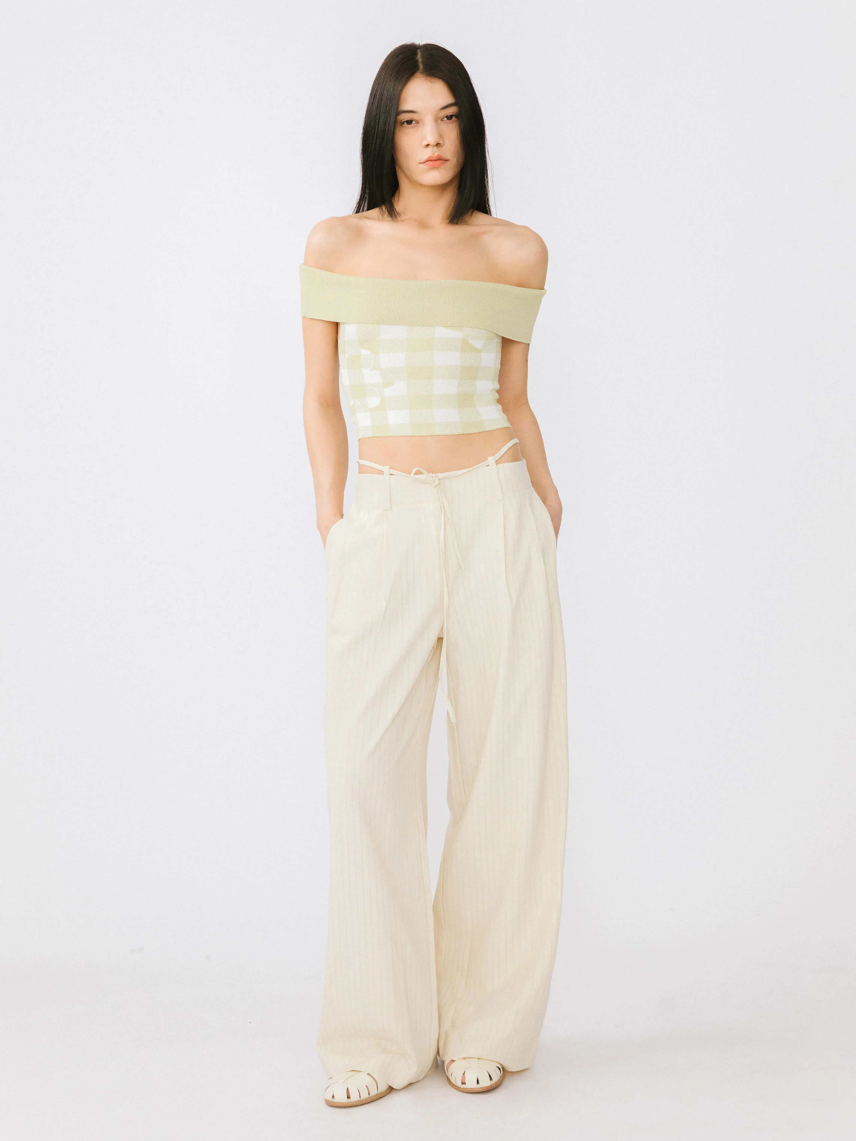 Off-Shoulder Checkered Knit Cami Top - Image 5