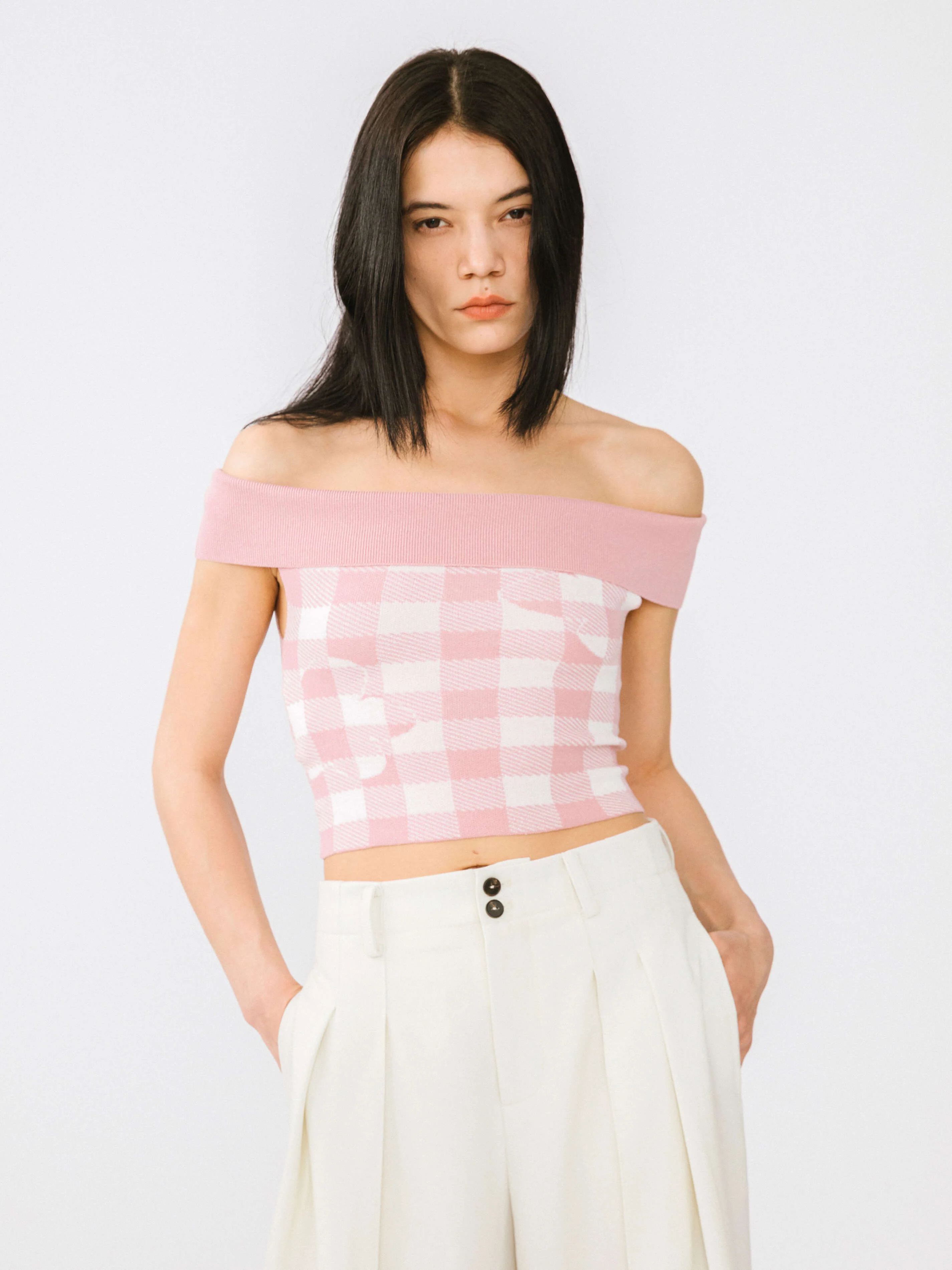 Off-Shoulder Checkered Knit Cami Top - Image 8