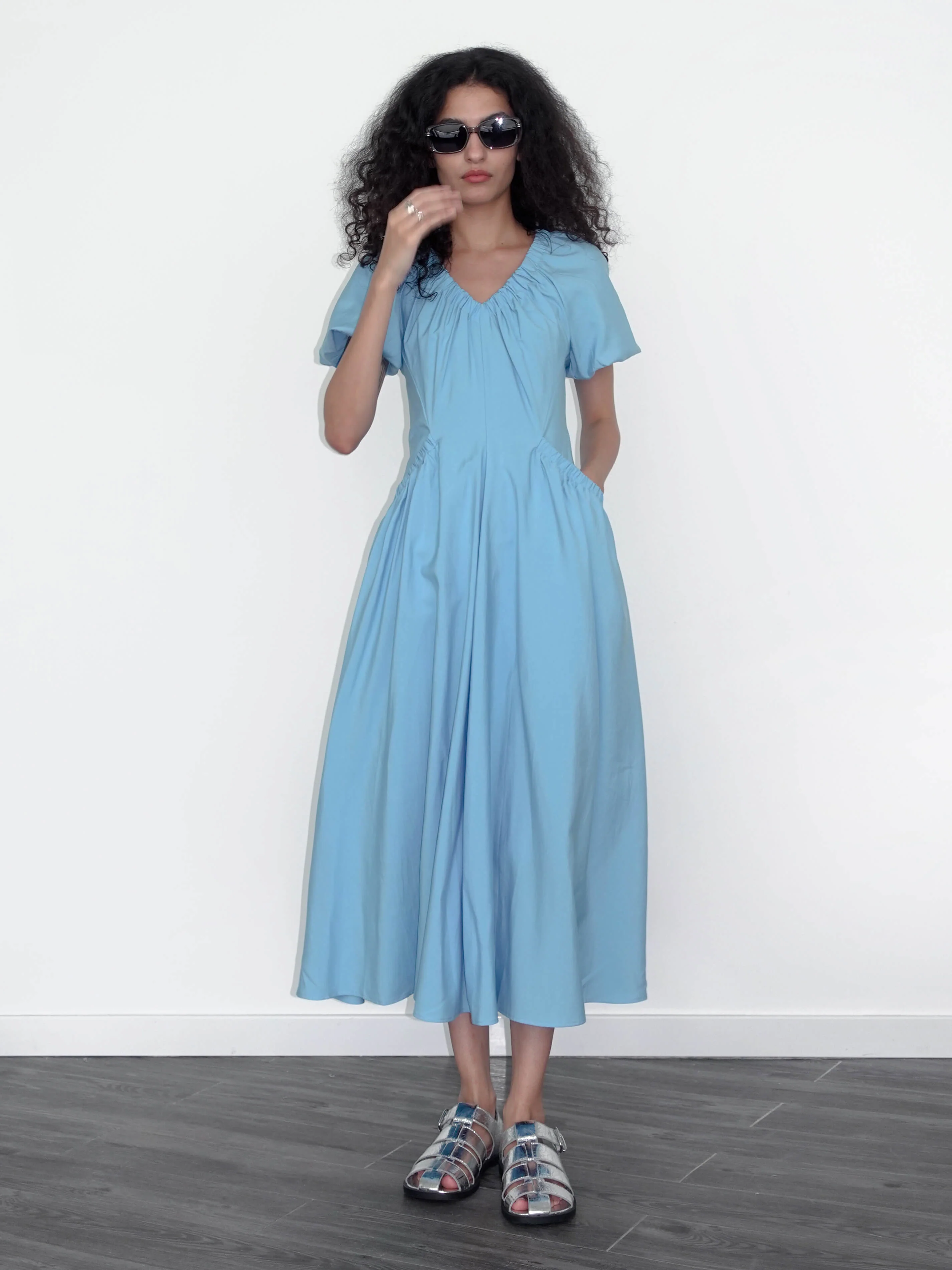 V-neck Pleated Puff Sleeve Dress