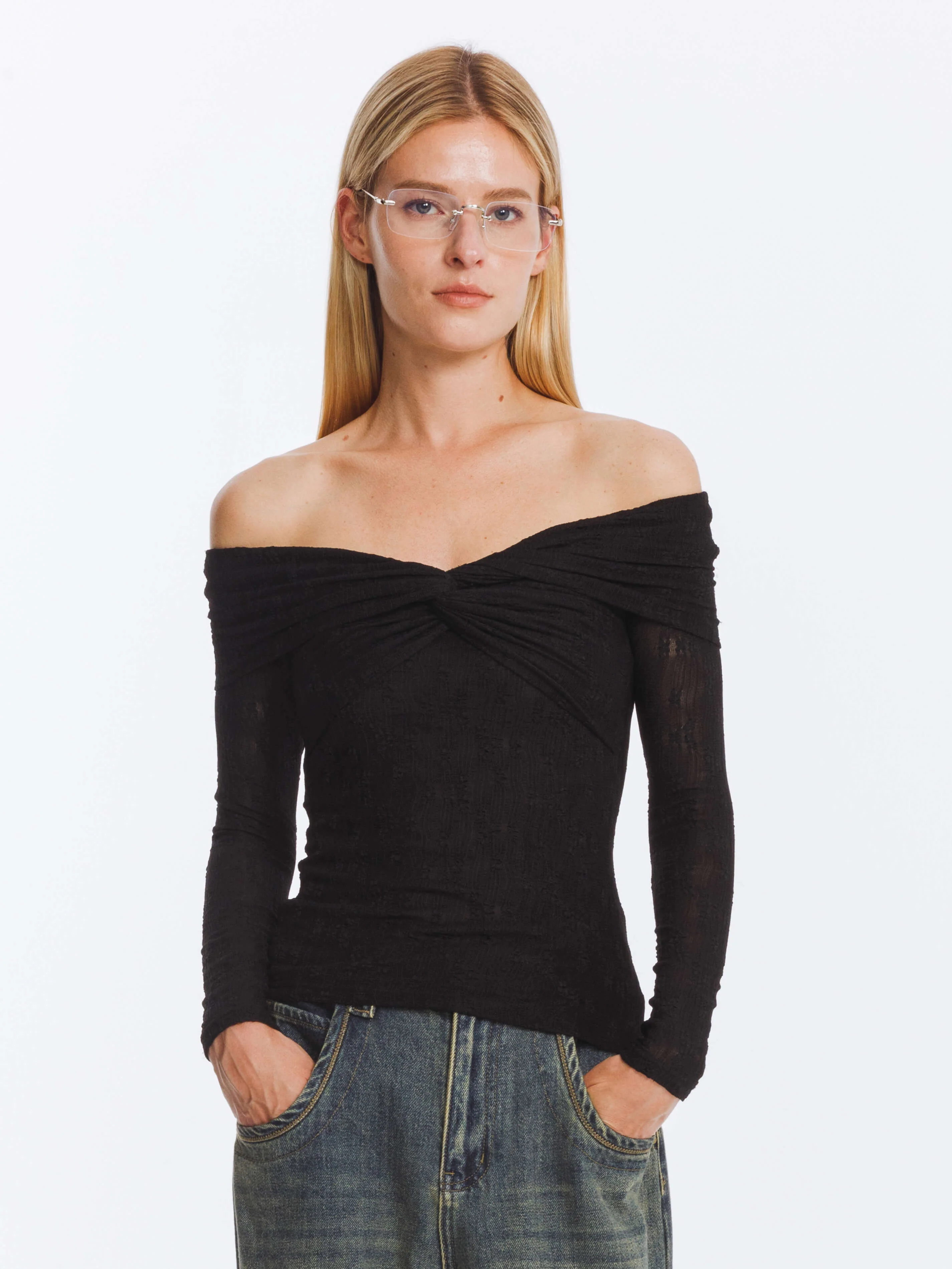 Pleated Off Shoulder Long Sleeves Top