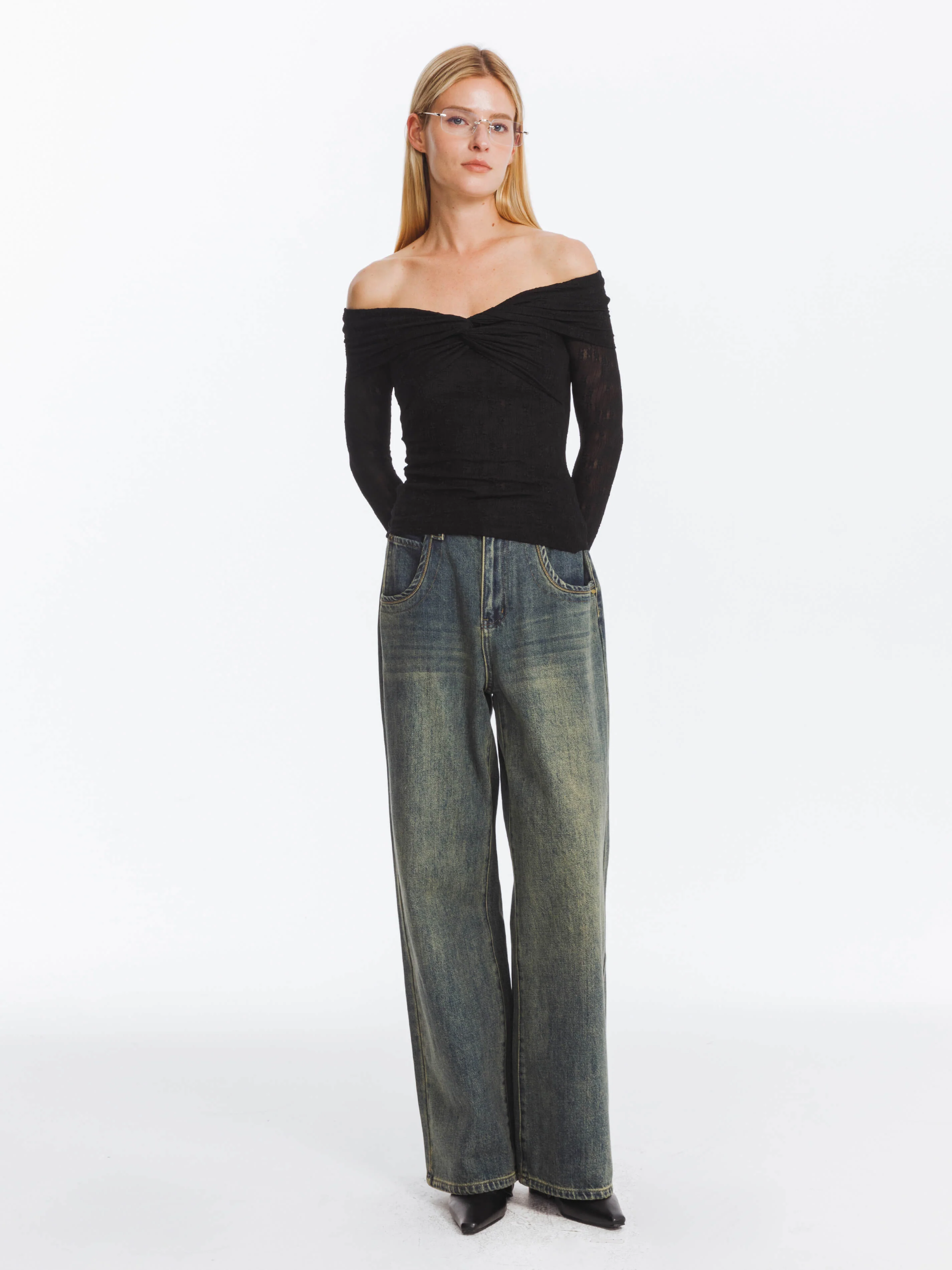 Pleated Off Shoulder Long Sleeves Top - Image 2