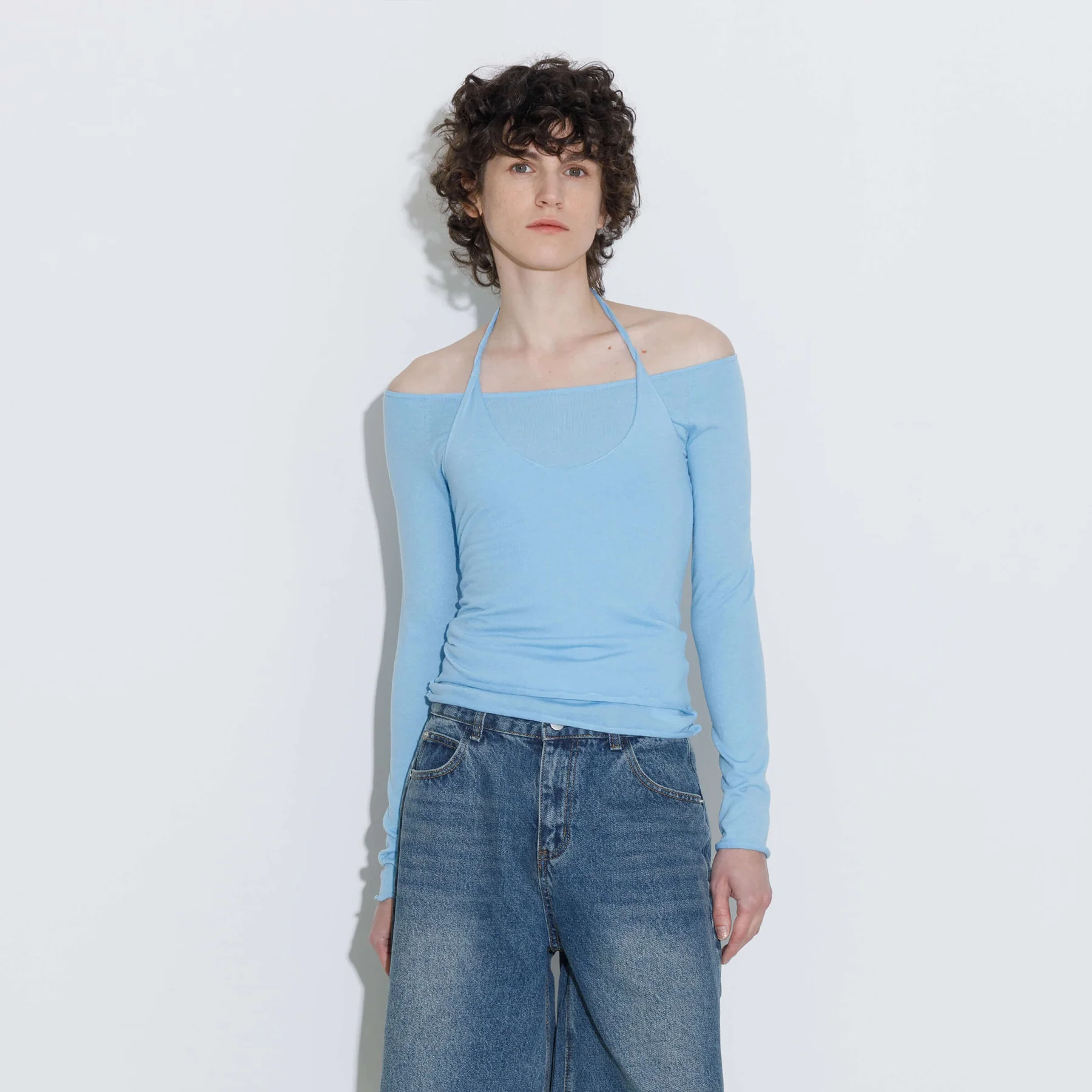 Blue Halter Neck Knit Top with Wool Blend - Image 3