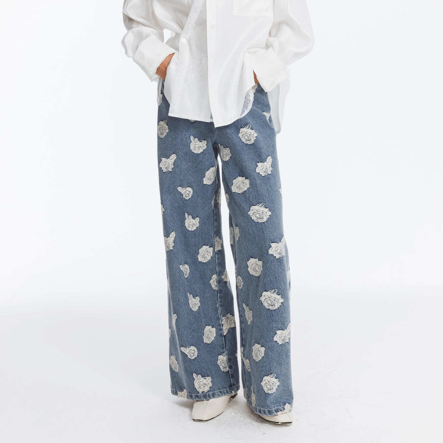 Retro Rose Print Washed Straight Leg Jeans - Image 7