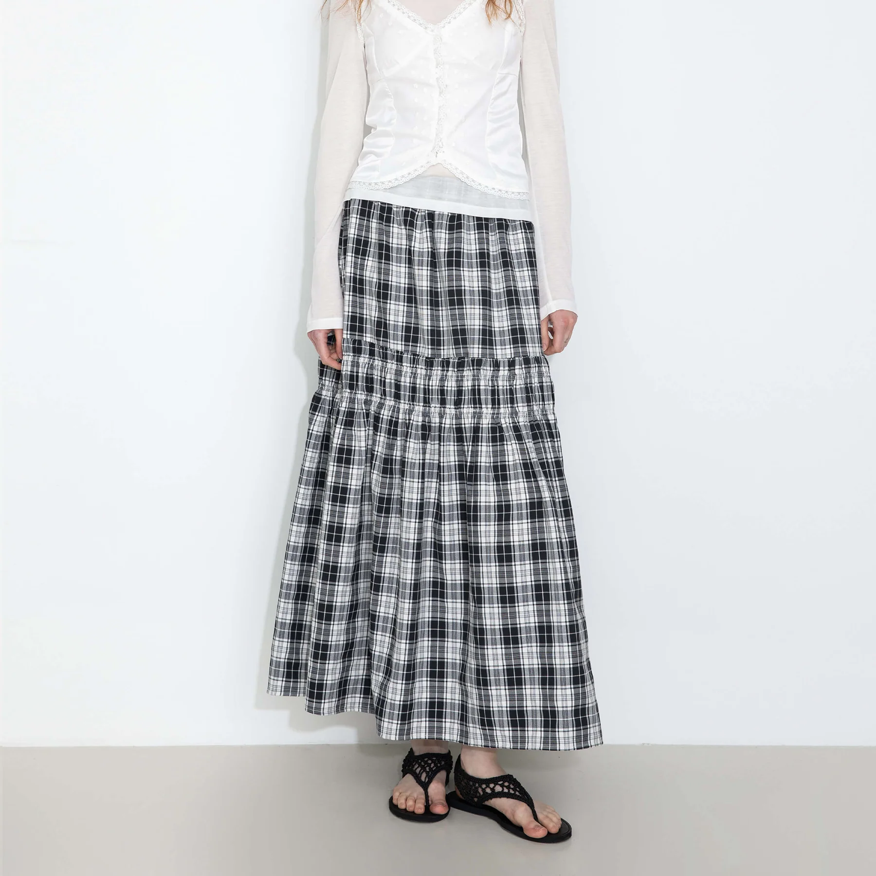 Elastic Drawstring High Waist Checked Skirt - Image 11