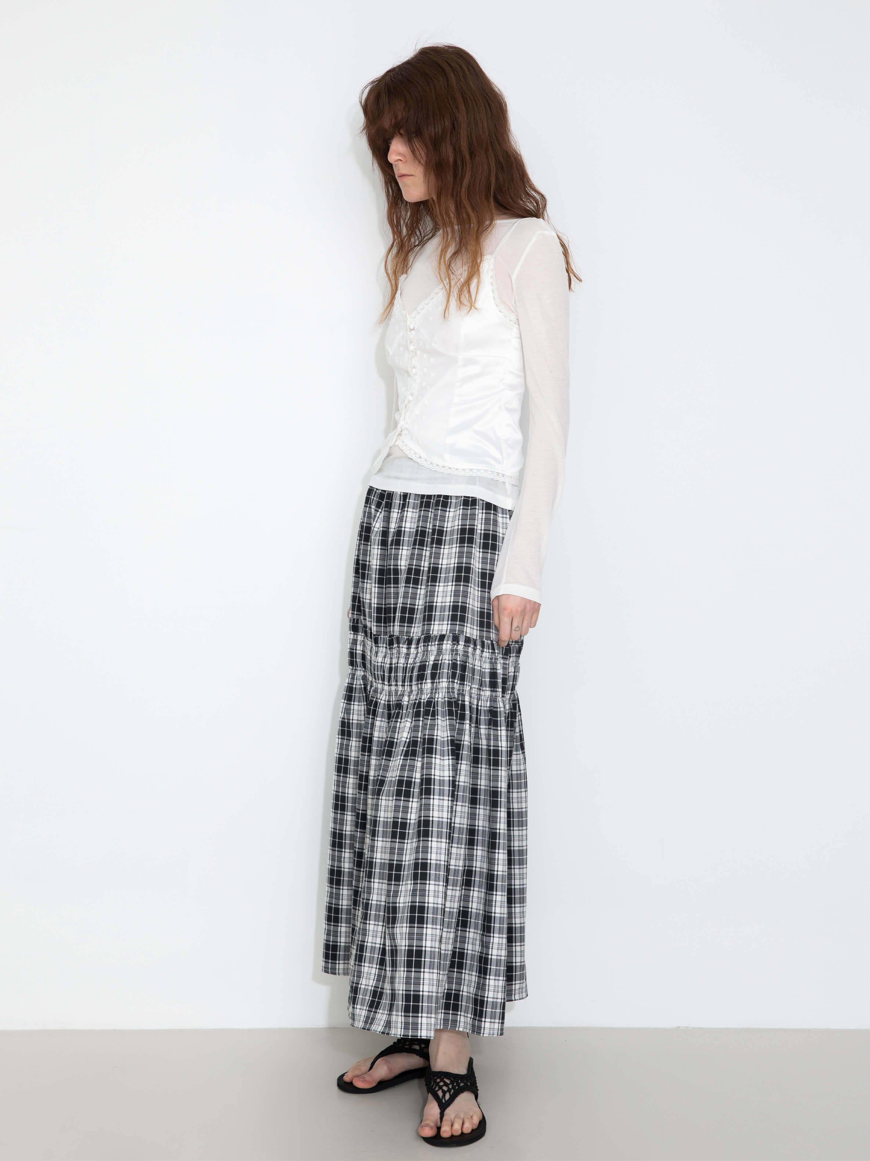 Elastic Drawstring High Waist Checked Skirt - Image 12
