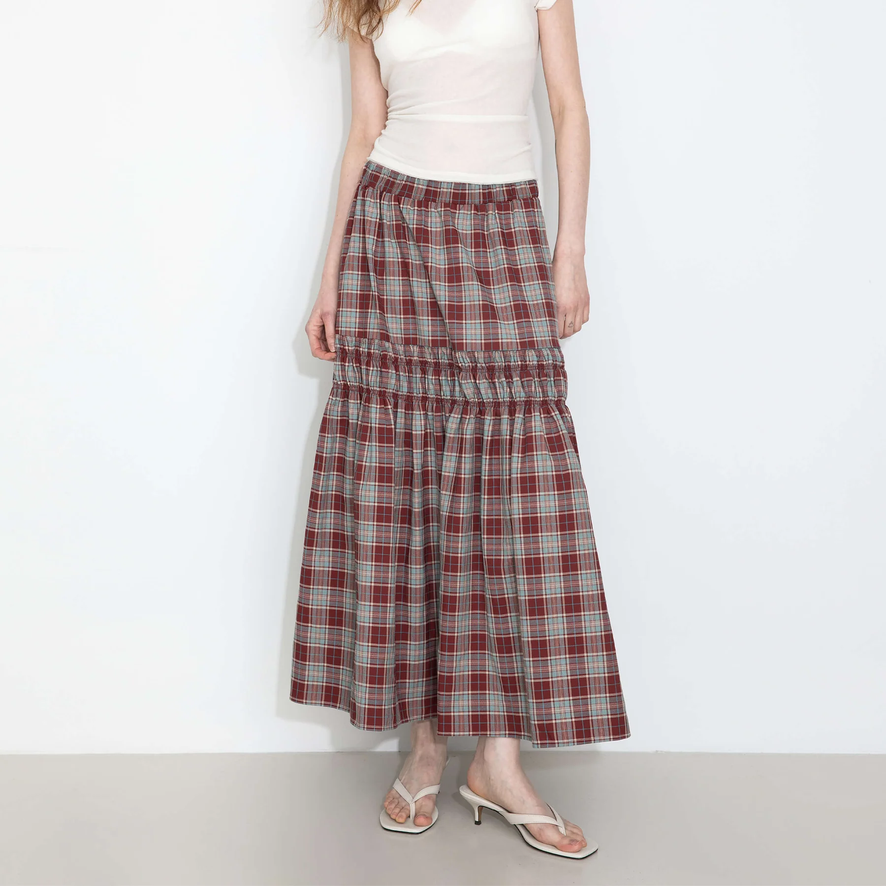 Elastic Drawstring High Waist Checked Skirt - Image 4