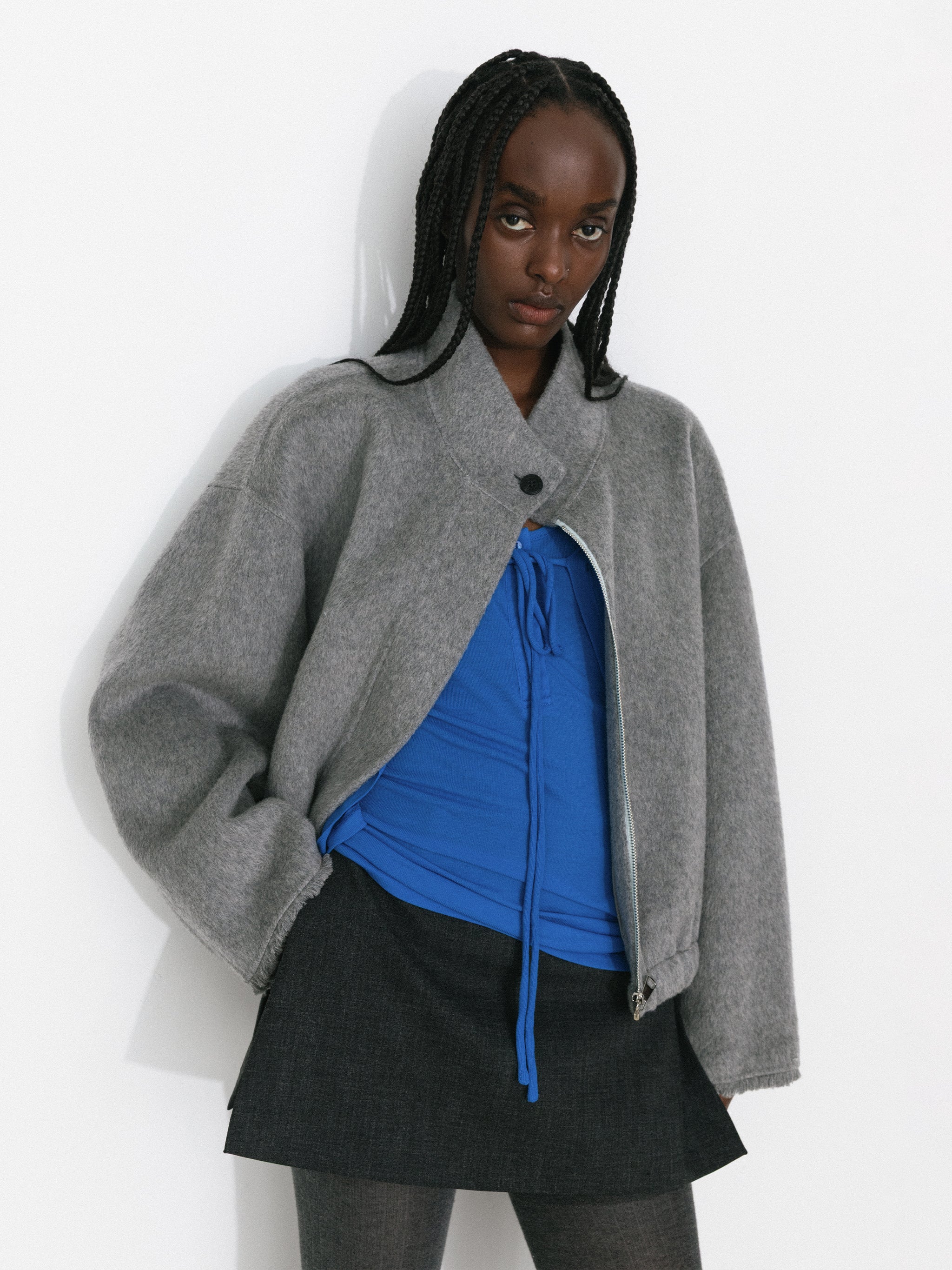 Cocoon Zip-Up Jacket with Raw Edge Cuffs - Image 2