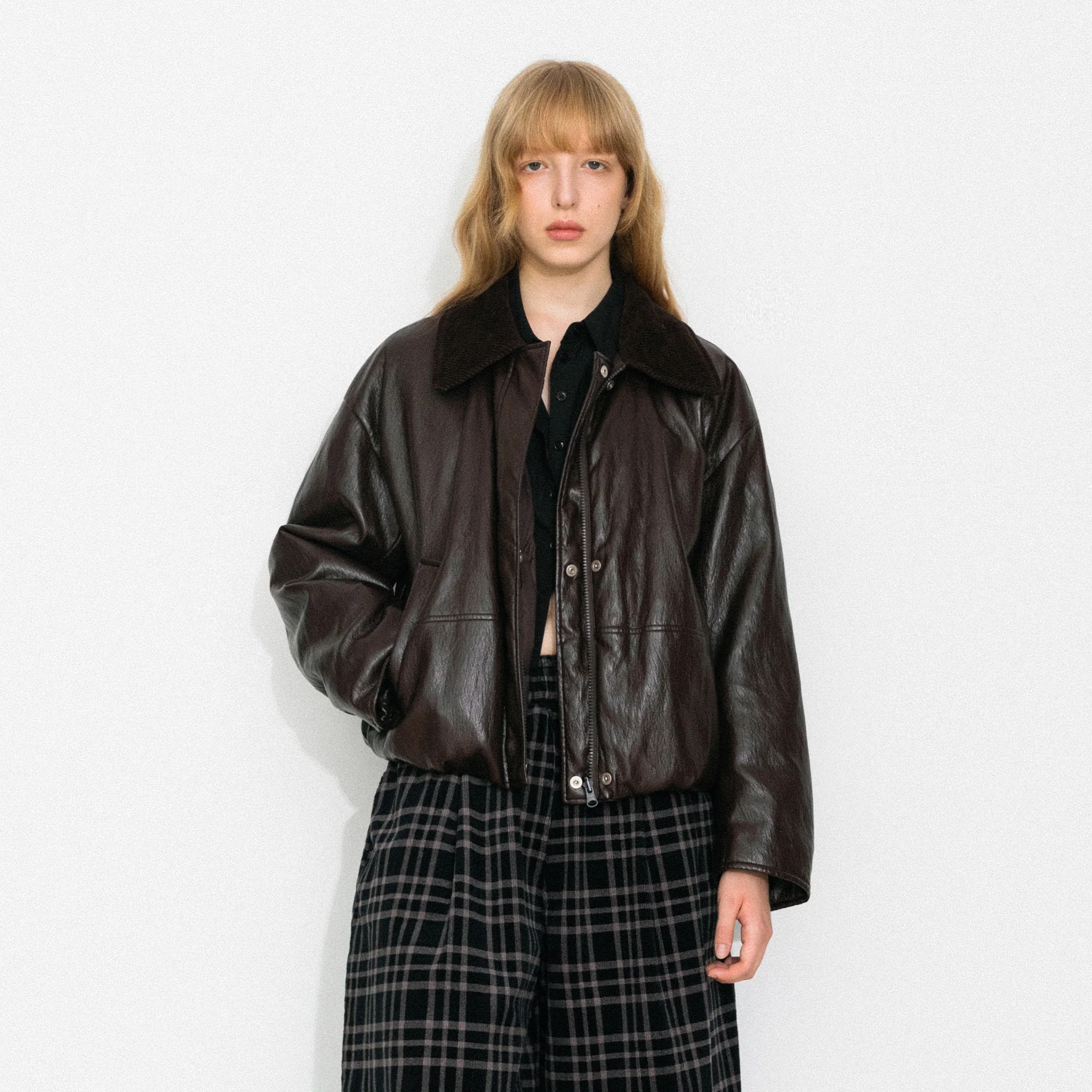 Corduroy Collar Convertible Leather Down Jacket - Image 3