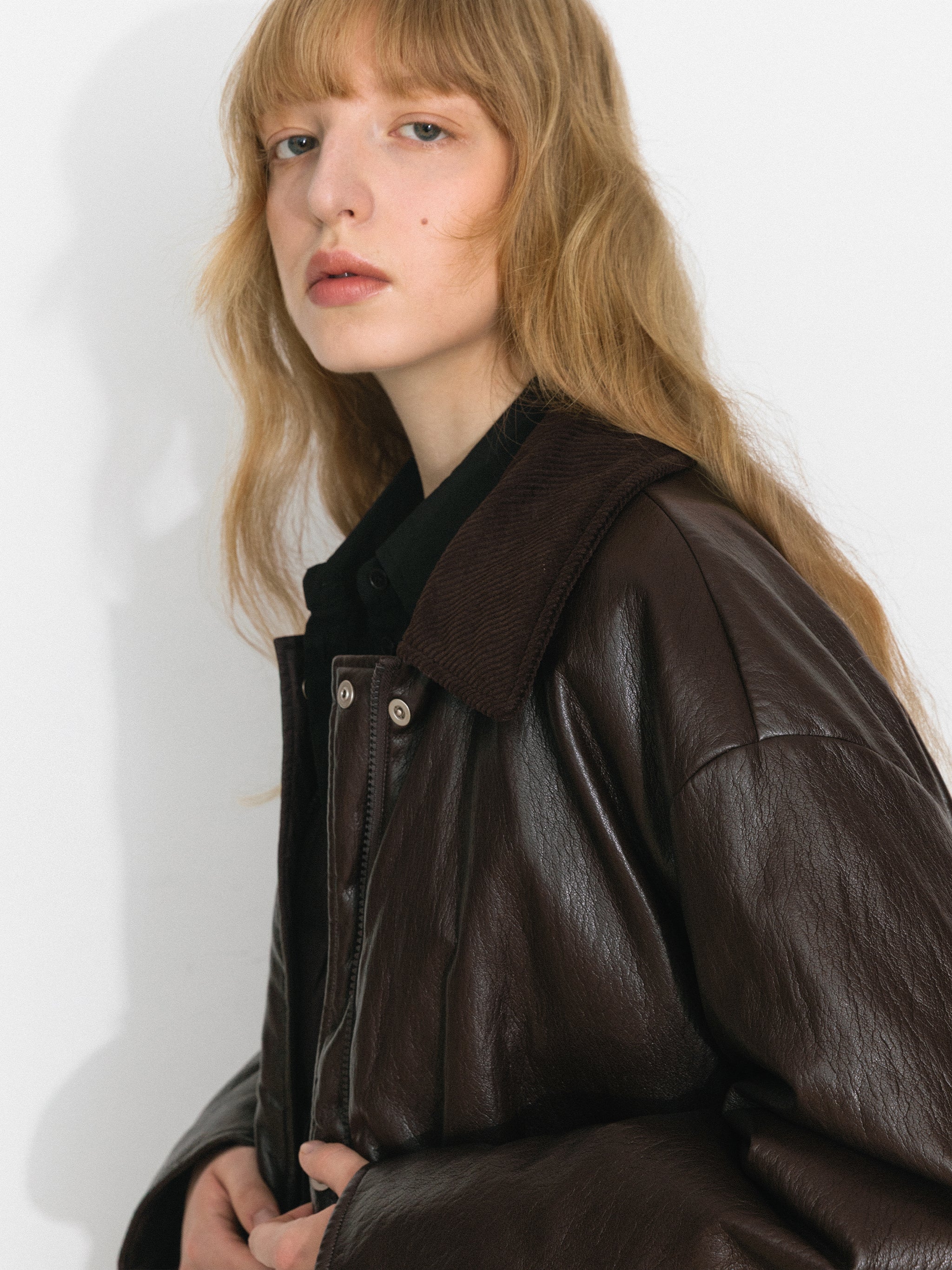 Corduroy Collar Convertible Leather Down Jacket - Image 4