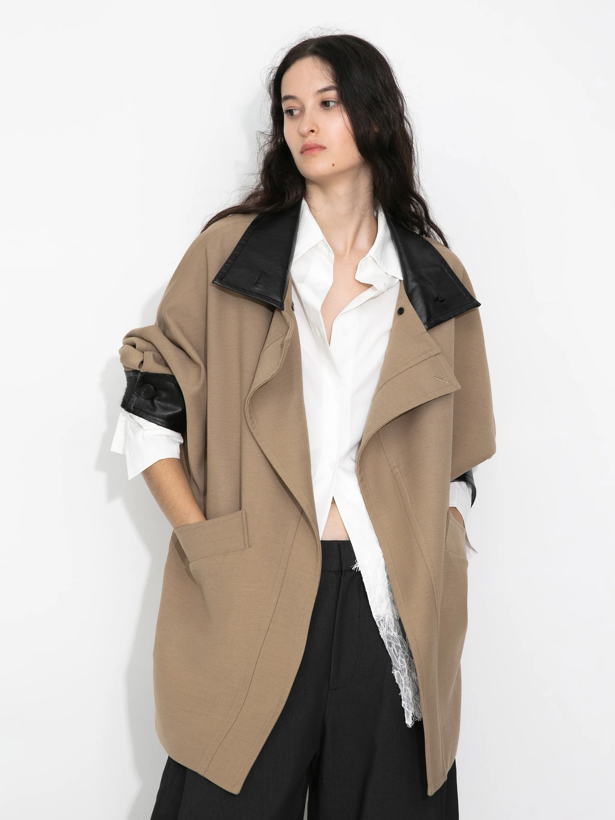 Cropped Contrast-Trim Oversized Trench Jacket