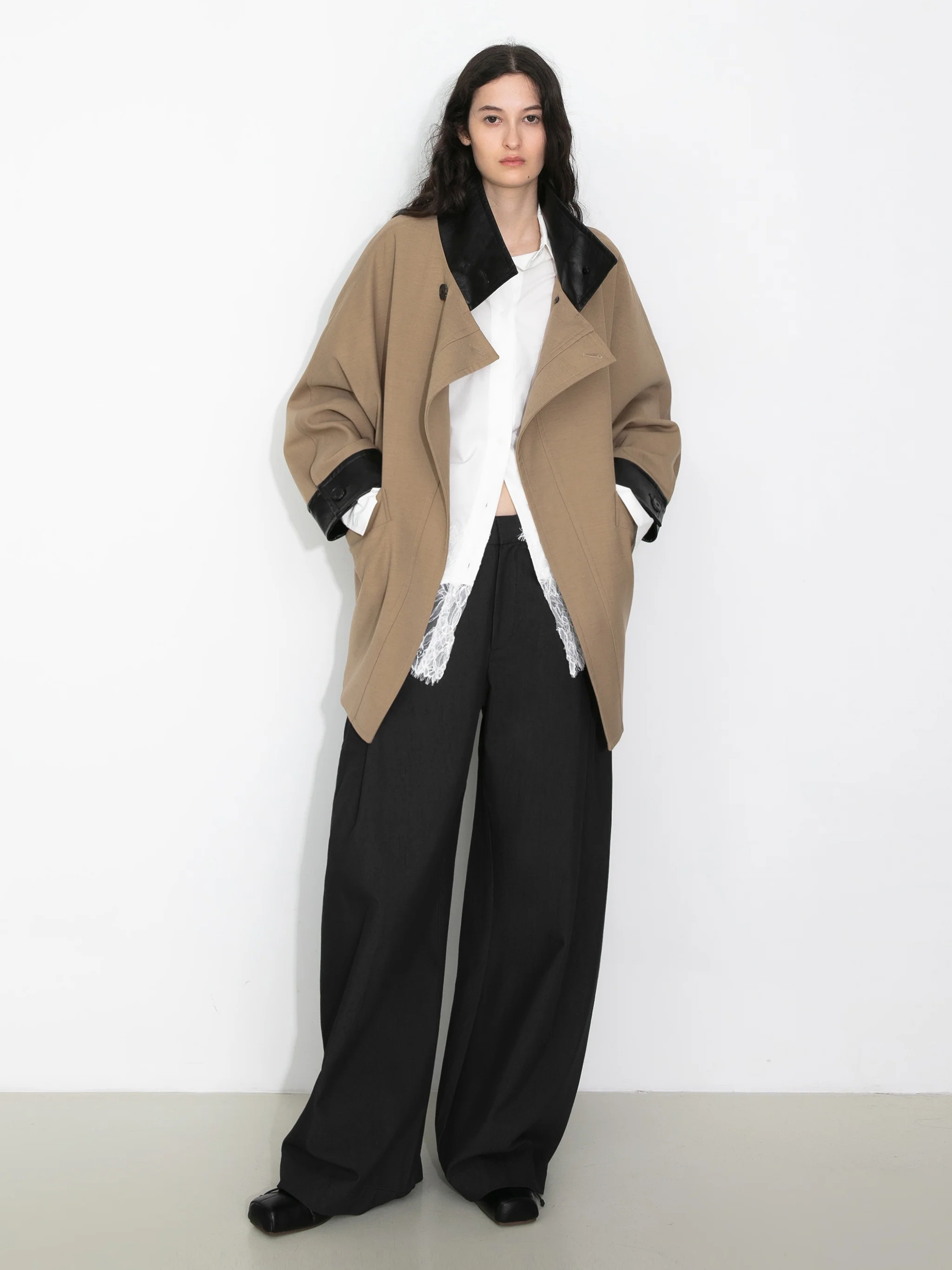 Cropped Contrast-Trim Oversized Trench Jacket - Image 2