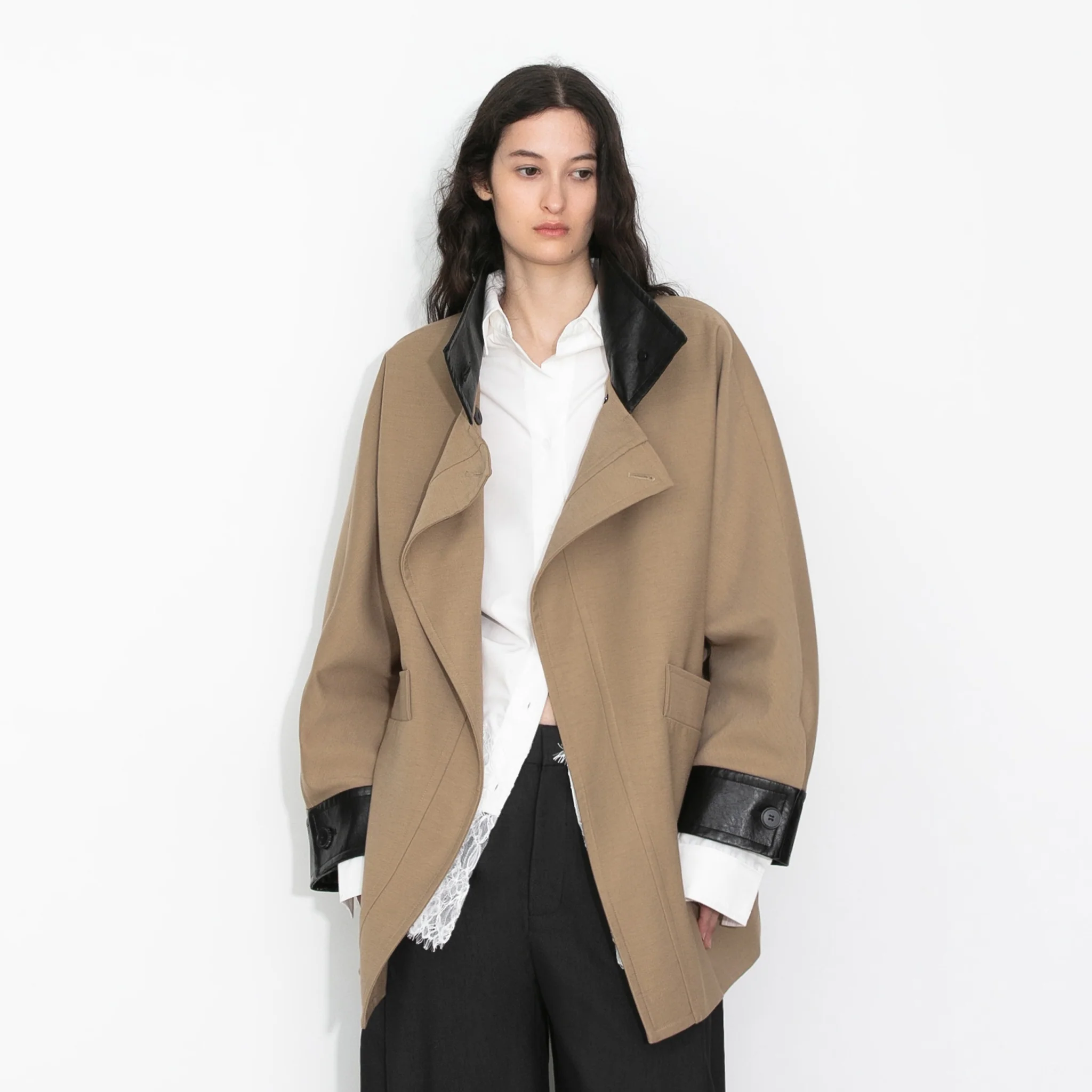 Cropped Contrast-Trim Oversized Trench Jacket - Image 3