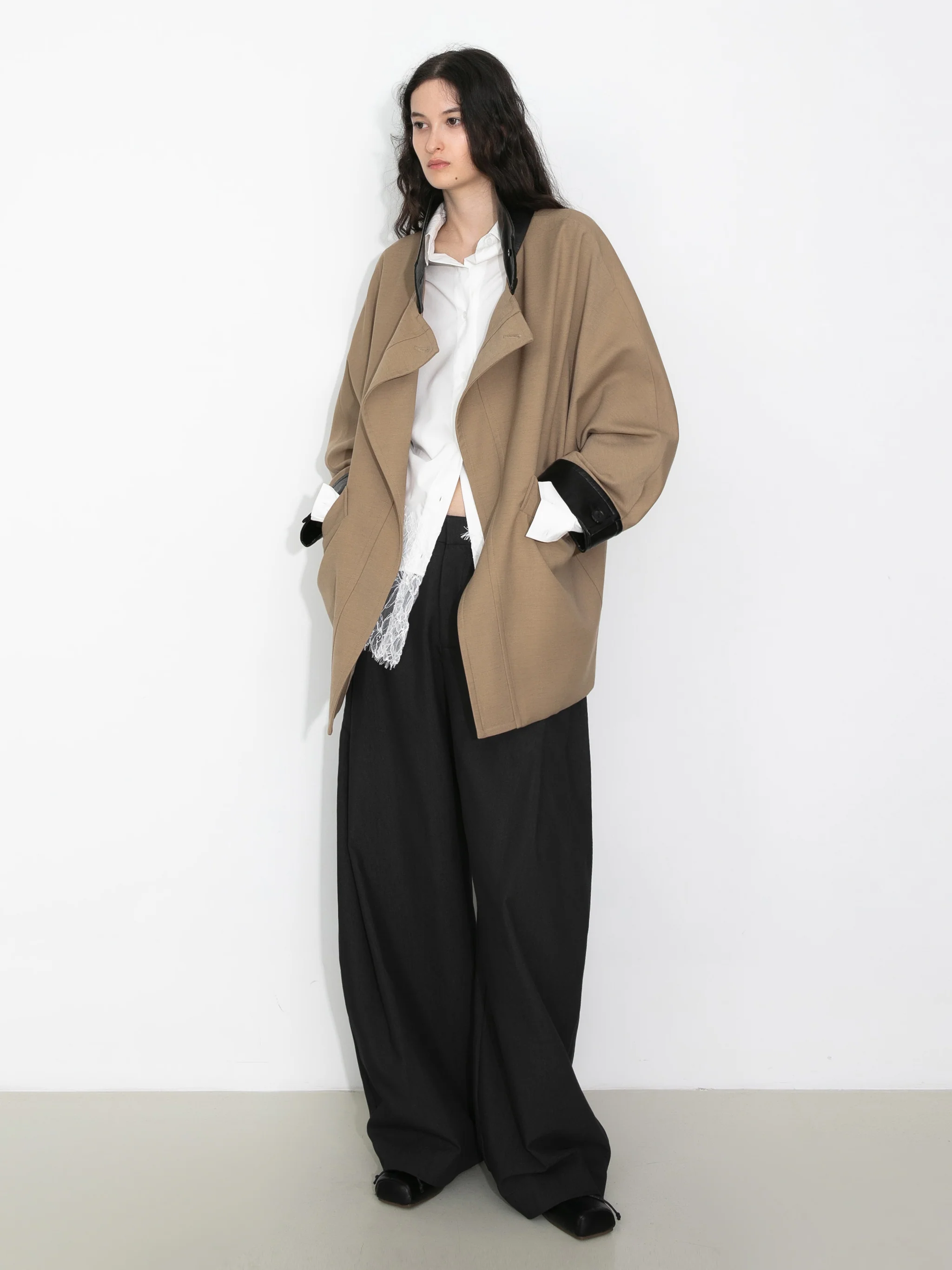 Cropped Contrast-Trim Oversized Trench Jacket - Image 5