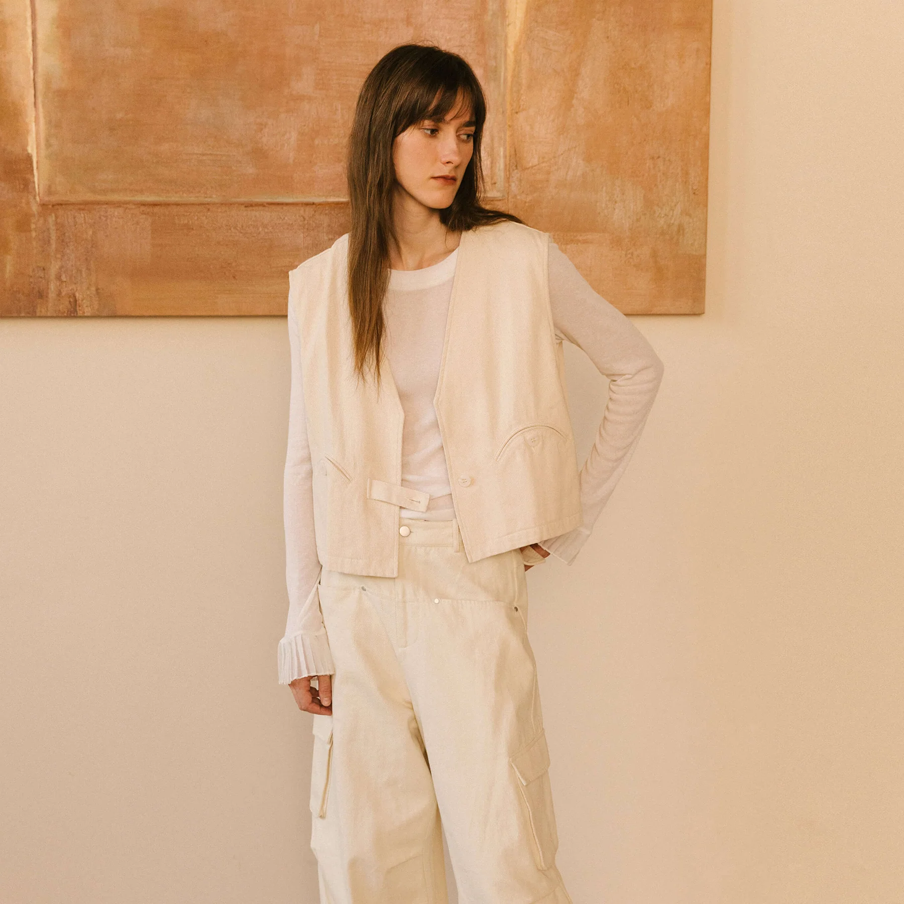 Cropped Double Breasted Twill Waistcoat - Image 9