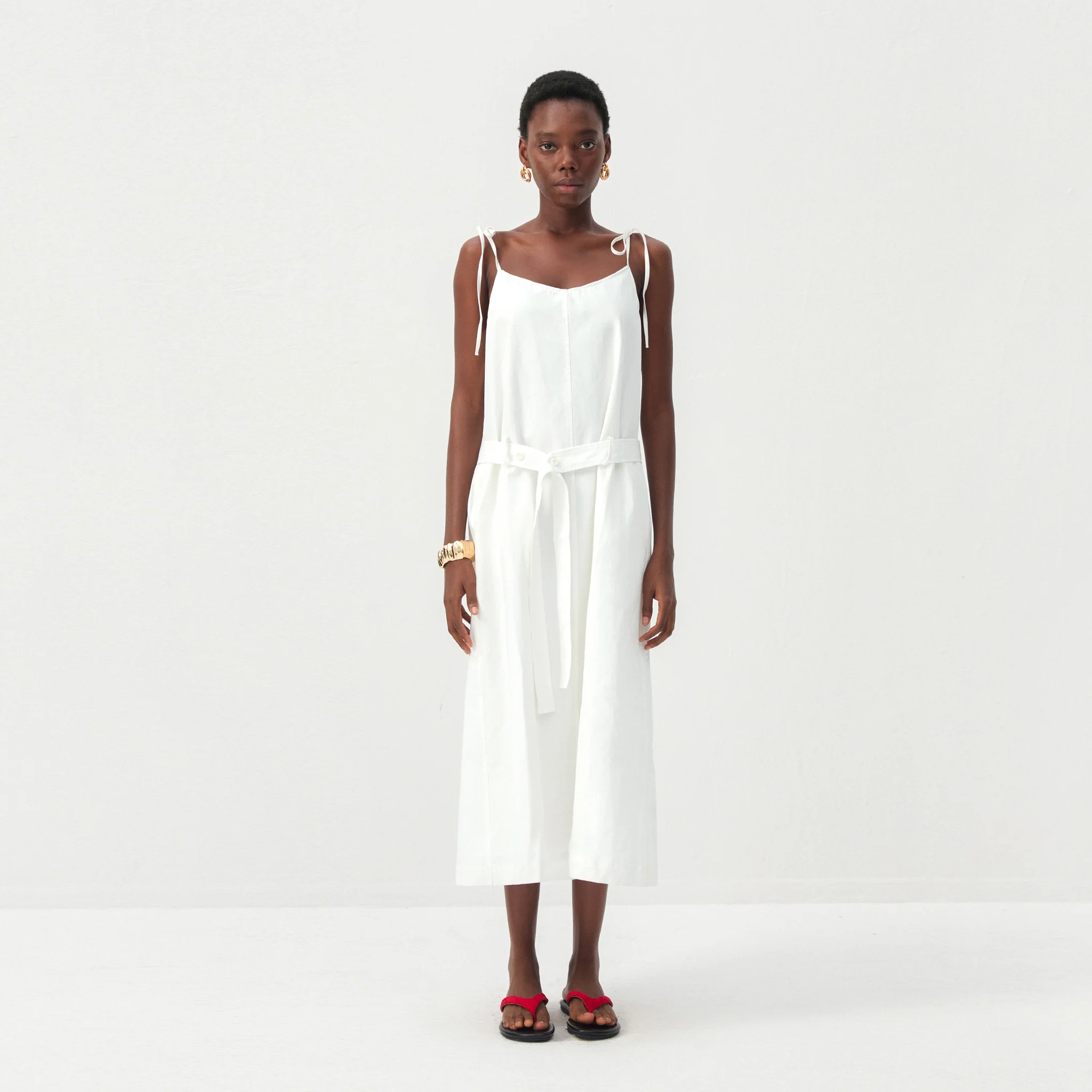 CUBIC Cotton-Linen Blend Tie-Shoulder Belted Midi Dress - Image 3