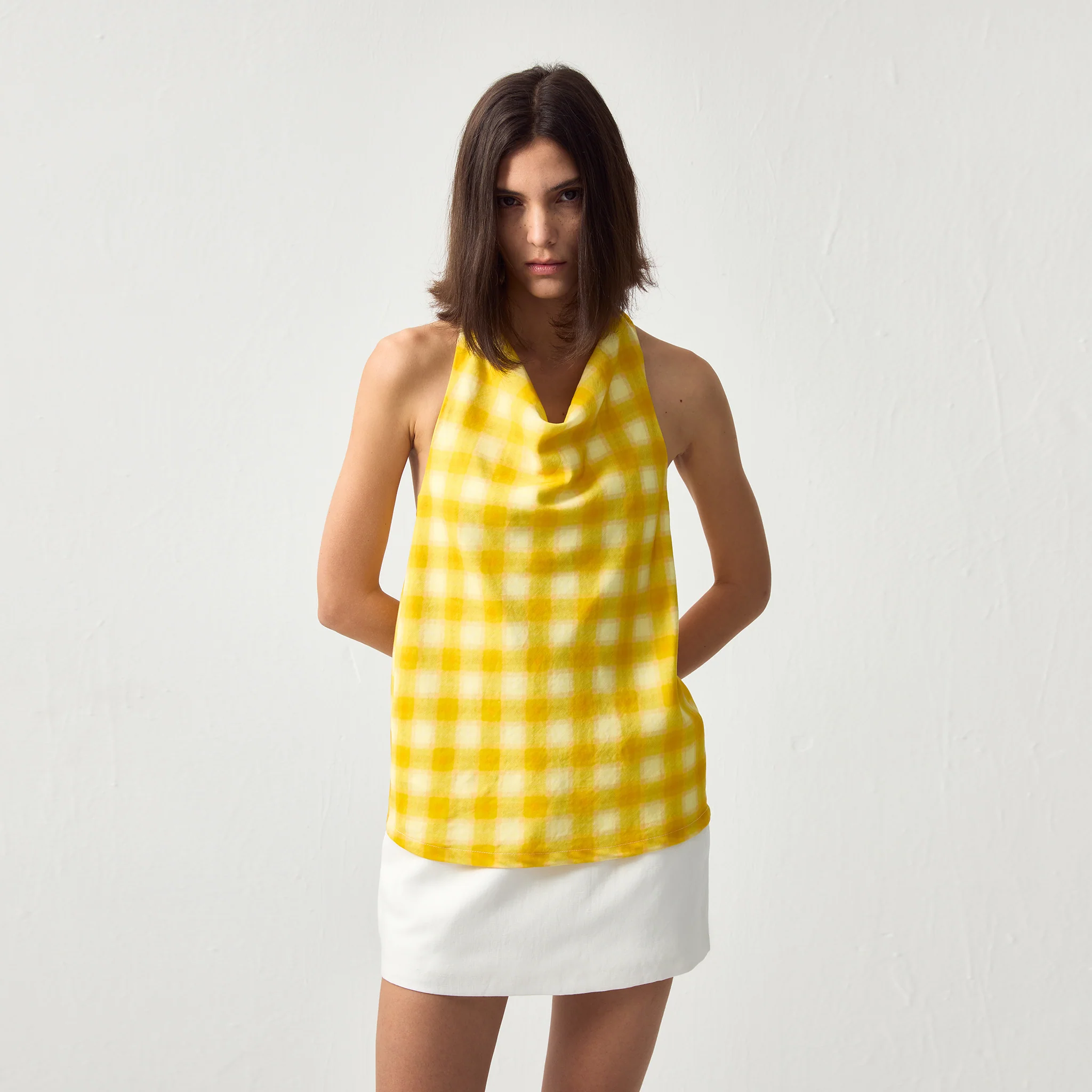 CUBIC Linen Blend Halter Check Top - Image 3