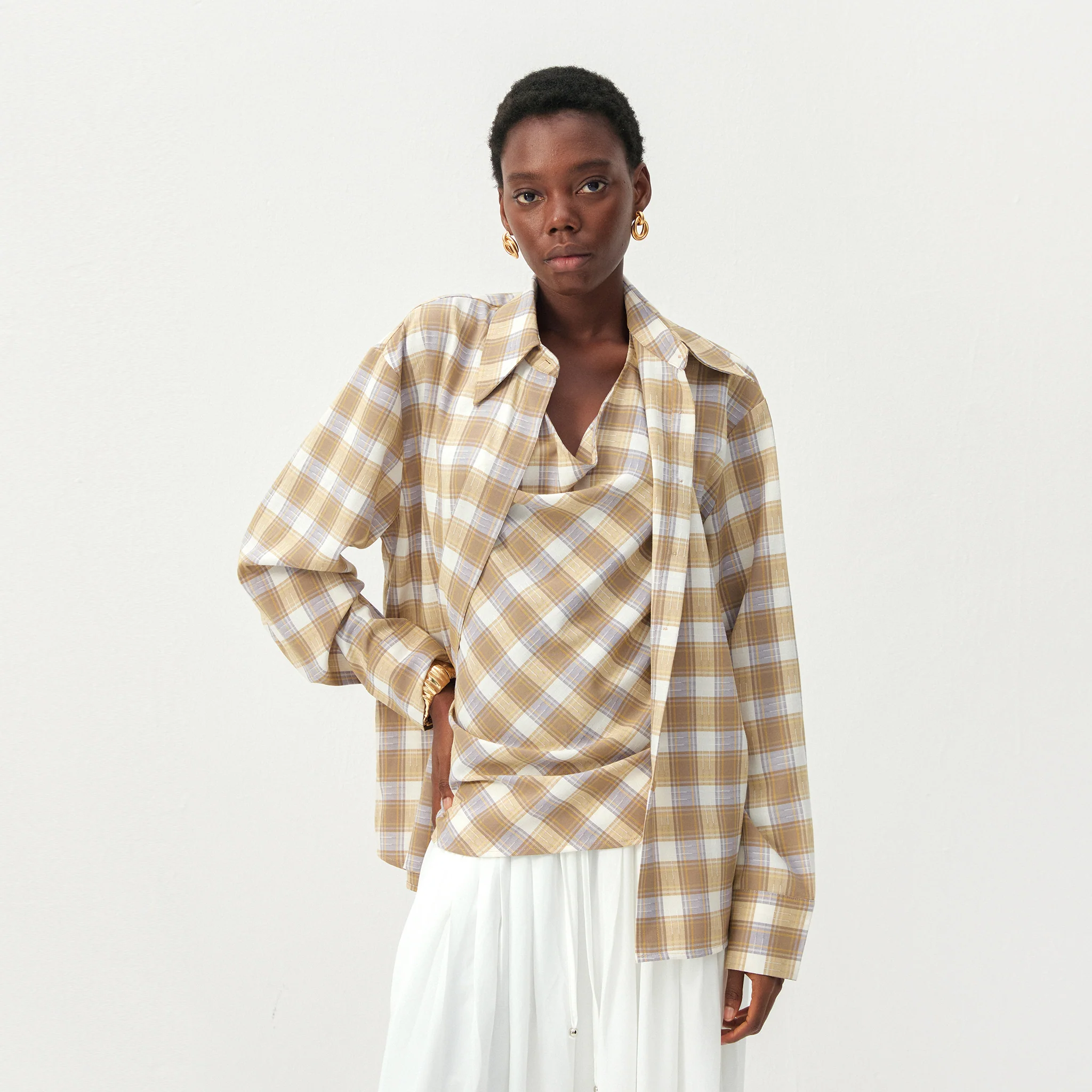 CUBIC Plaid Wrap-Effect Long Sleeve Blouse - Image 3