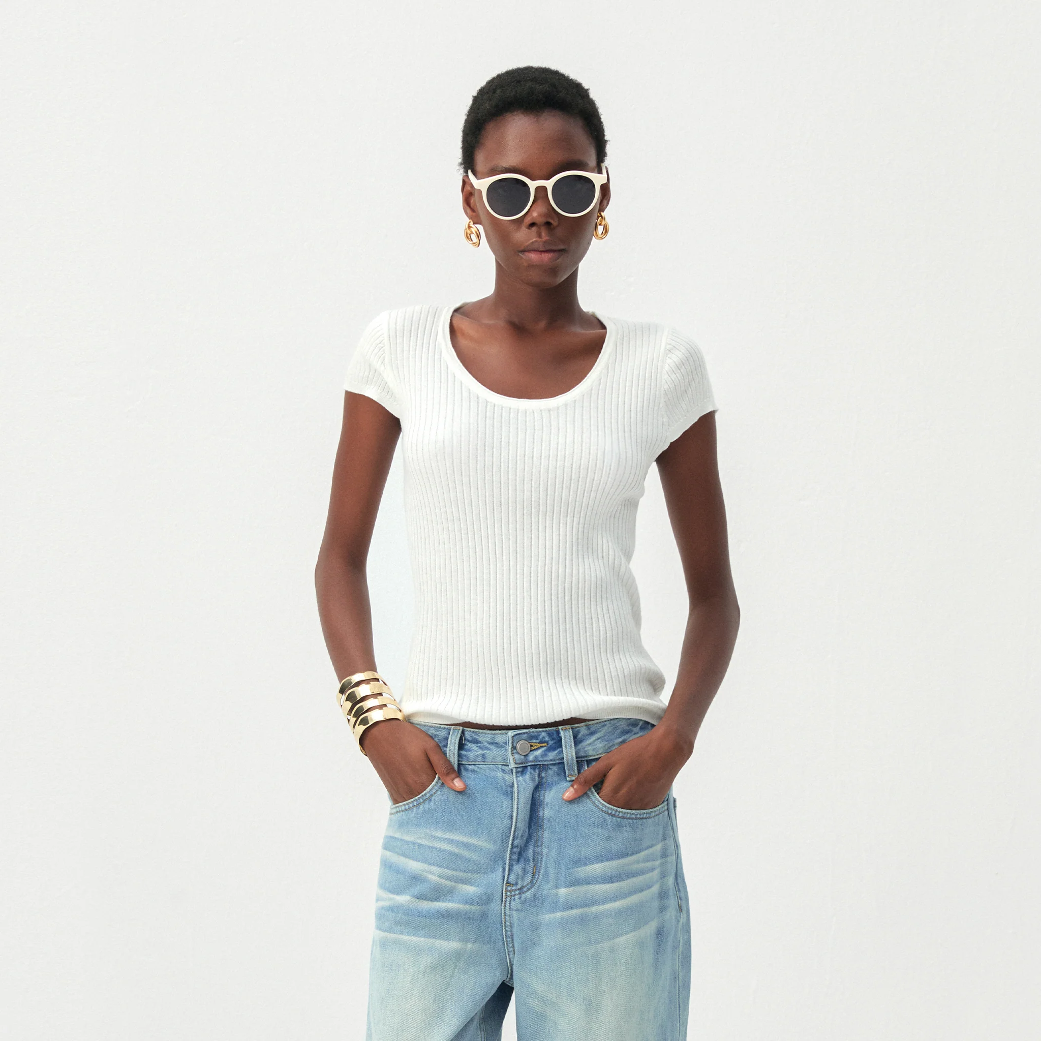 CUBIC Wool-Blend Ribbed Scoop Neck Knit Top - Image 13
