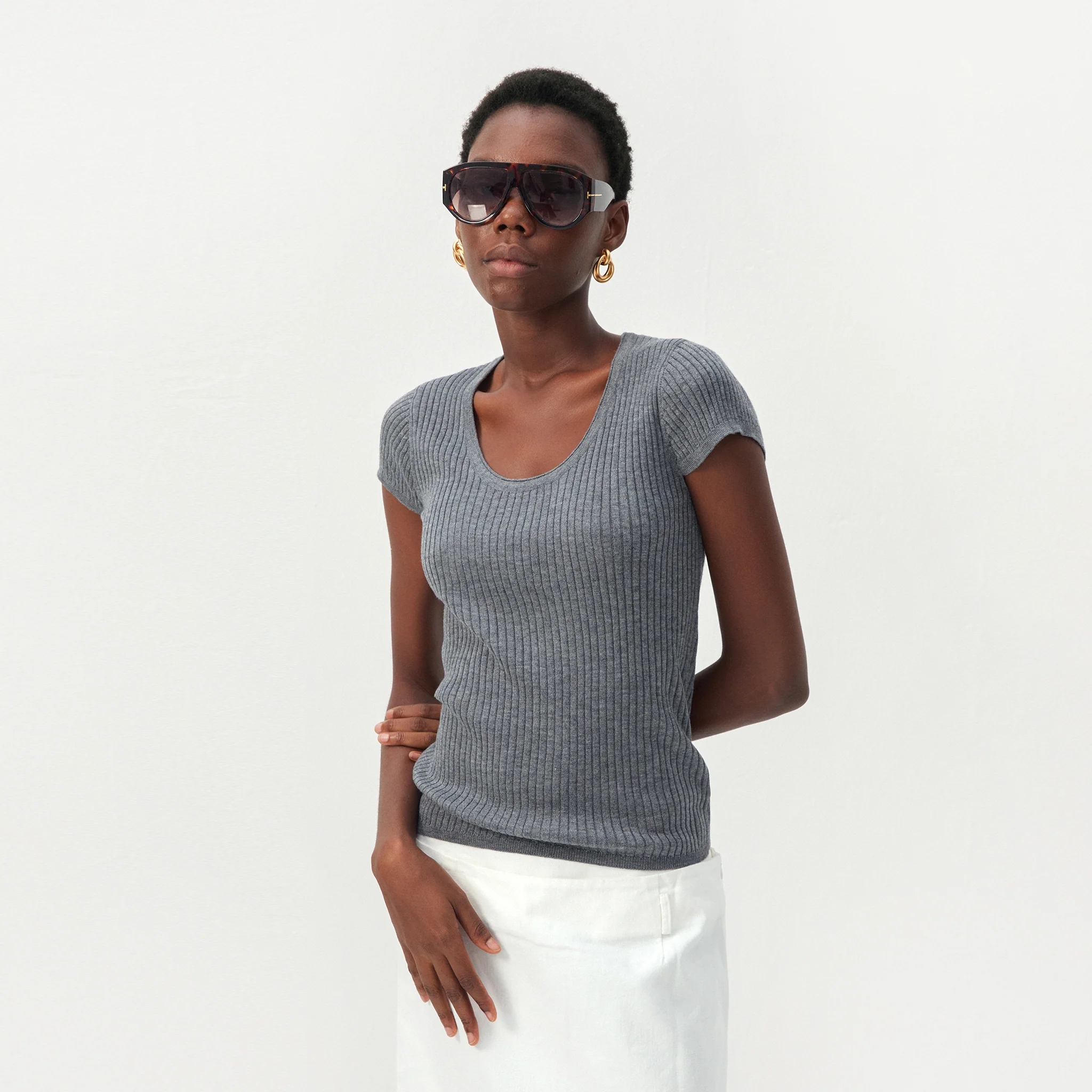 CUBIC Wool-Blend Ribbed Scoop Neck Knit Top - Image 3