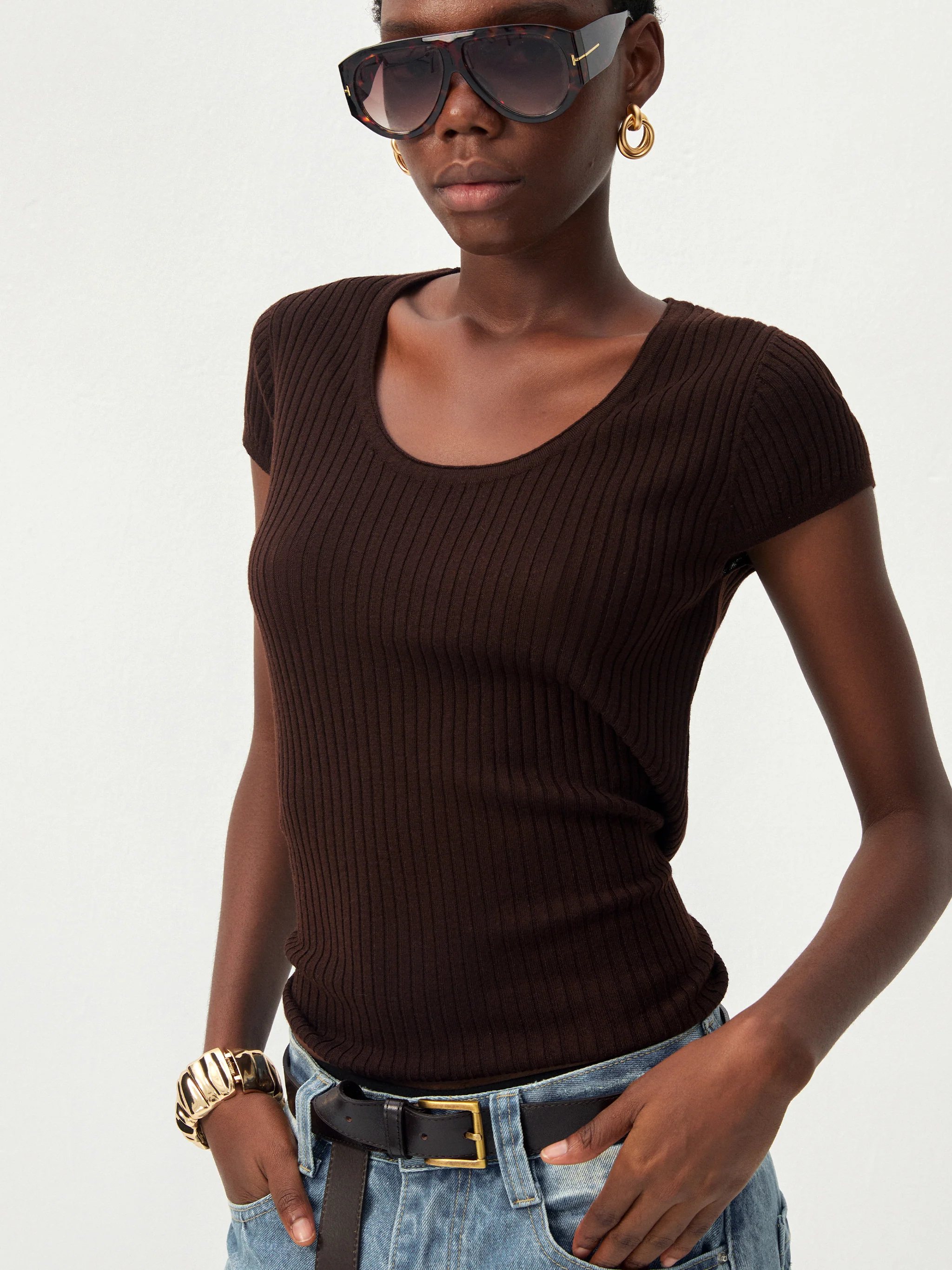 CUBIC Wool-Blend Ribbed Scoop Neck Knit Top - Image 6