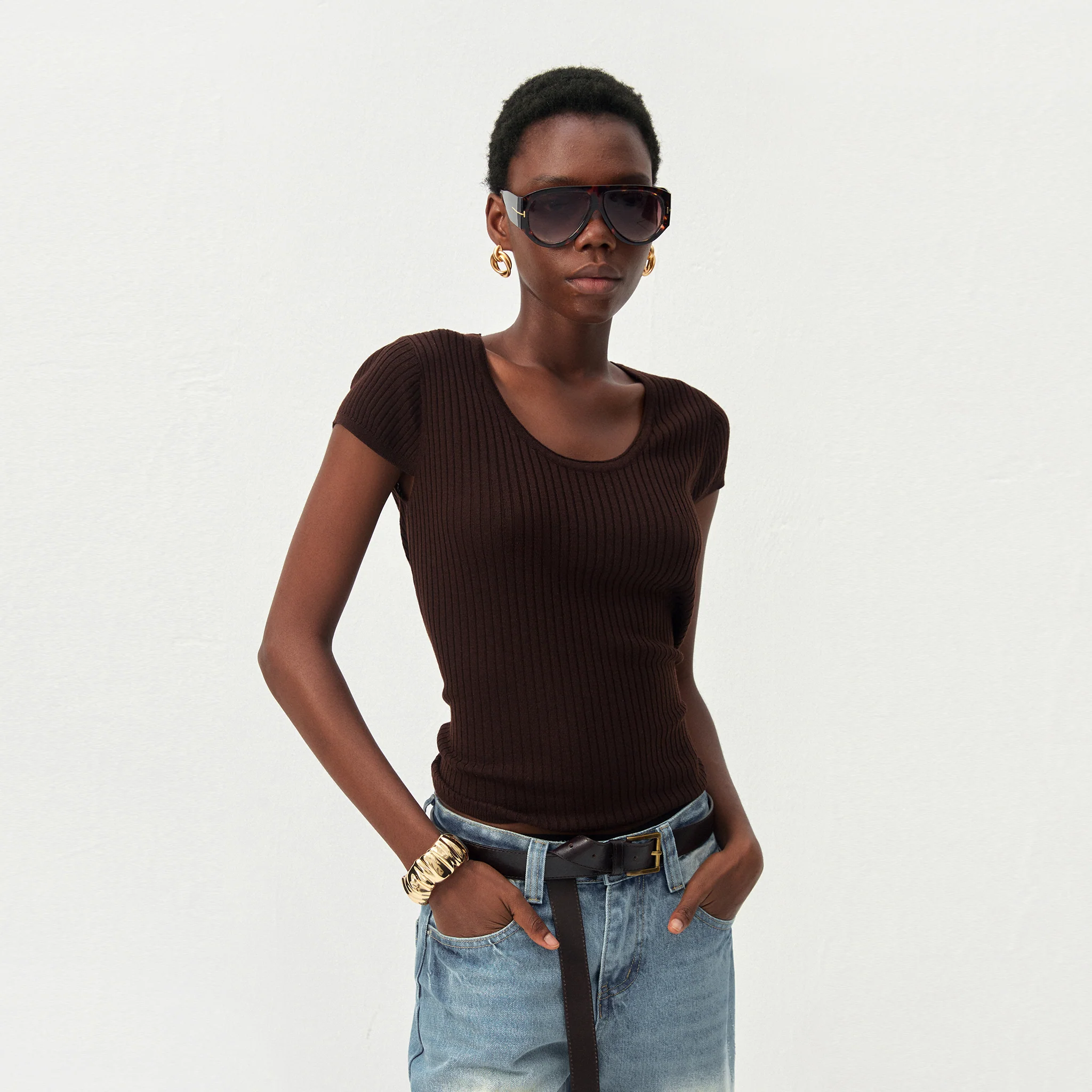 CUBIC Wool-Blend Ribbed Scoop Neck Knit Top - Image 8