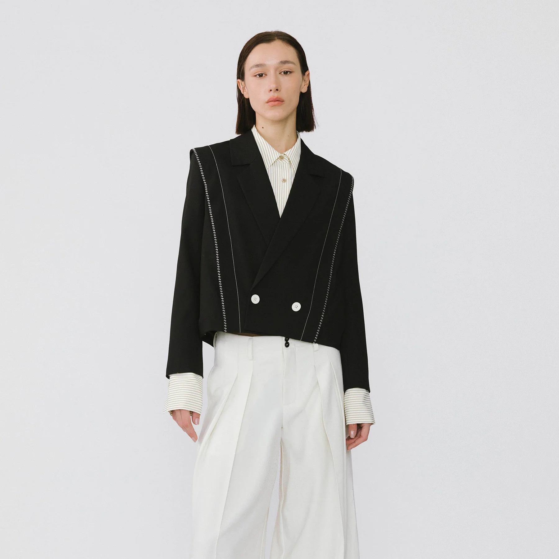 Double Breasted Contrast Stitch Short Blazer - Image 7