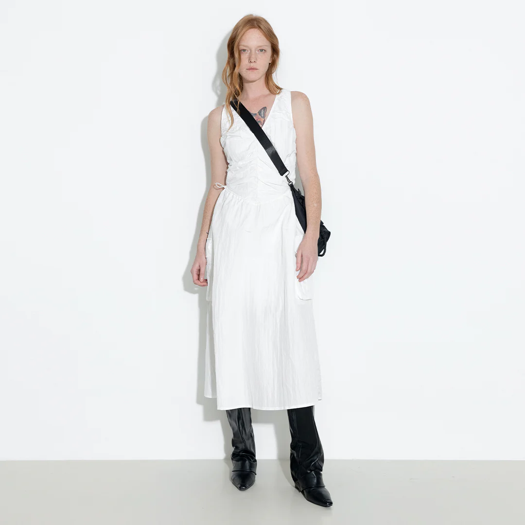 Drawstring Pleated V-Neck Sleeveless Dress - Image 3