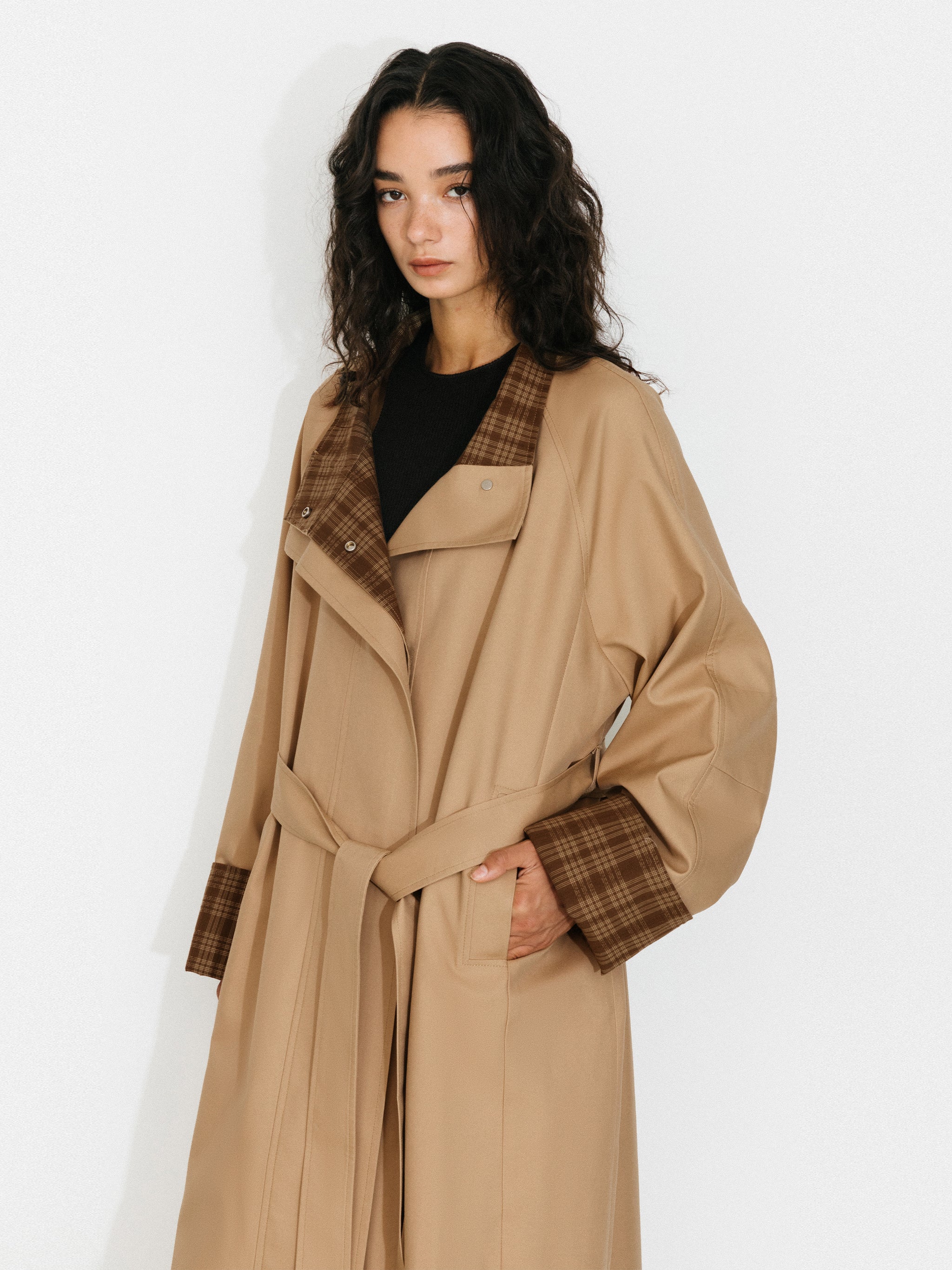 Funnel Neck Colorblock Cuff Trench Coat - Image 2