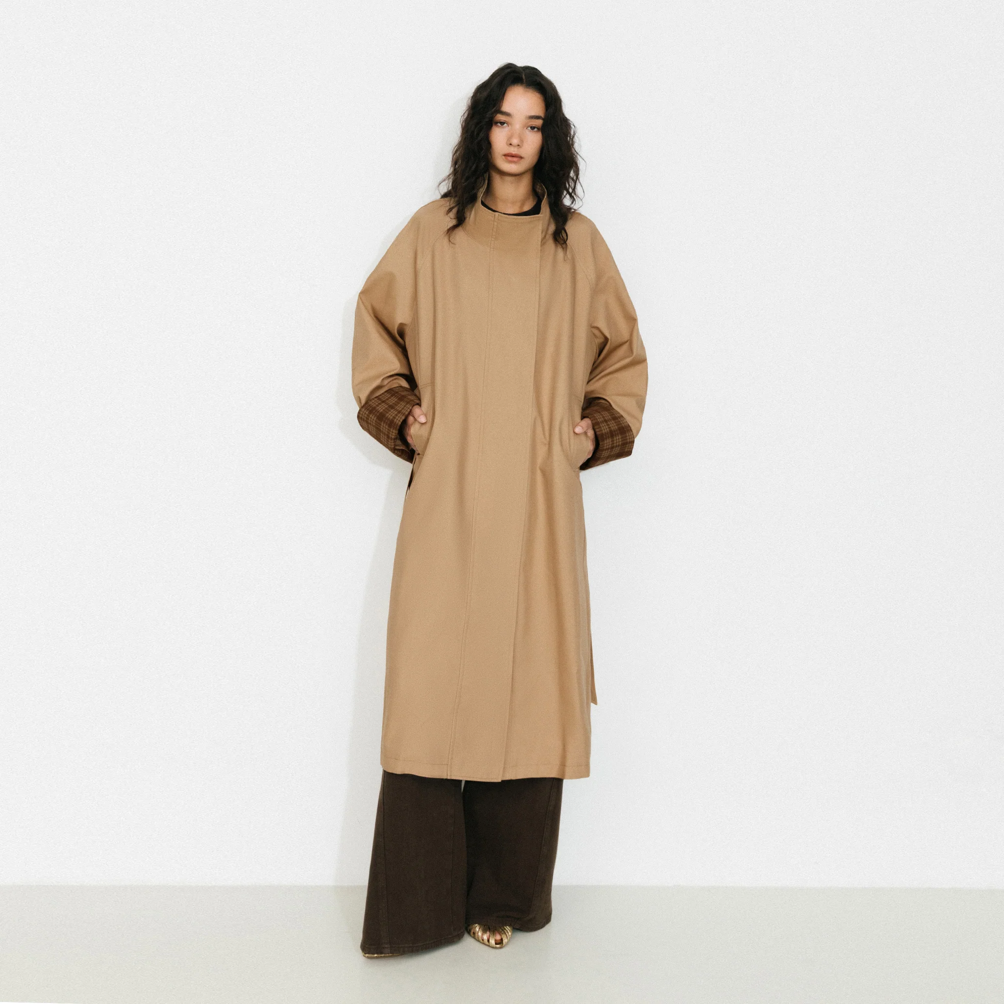 Funnel Neck Colorblock Cuff Trench Coat - Image 3