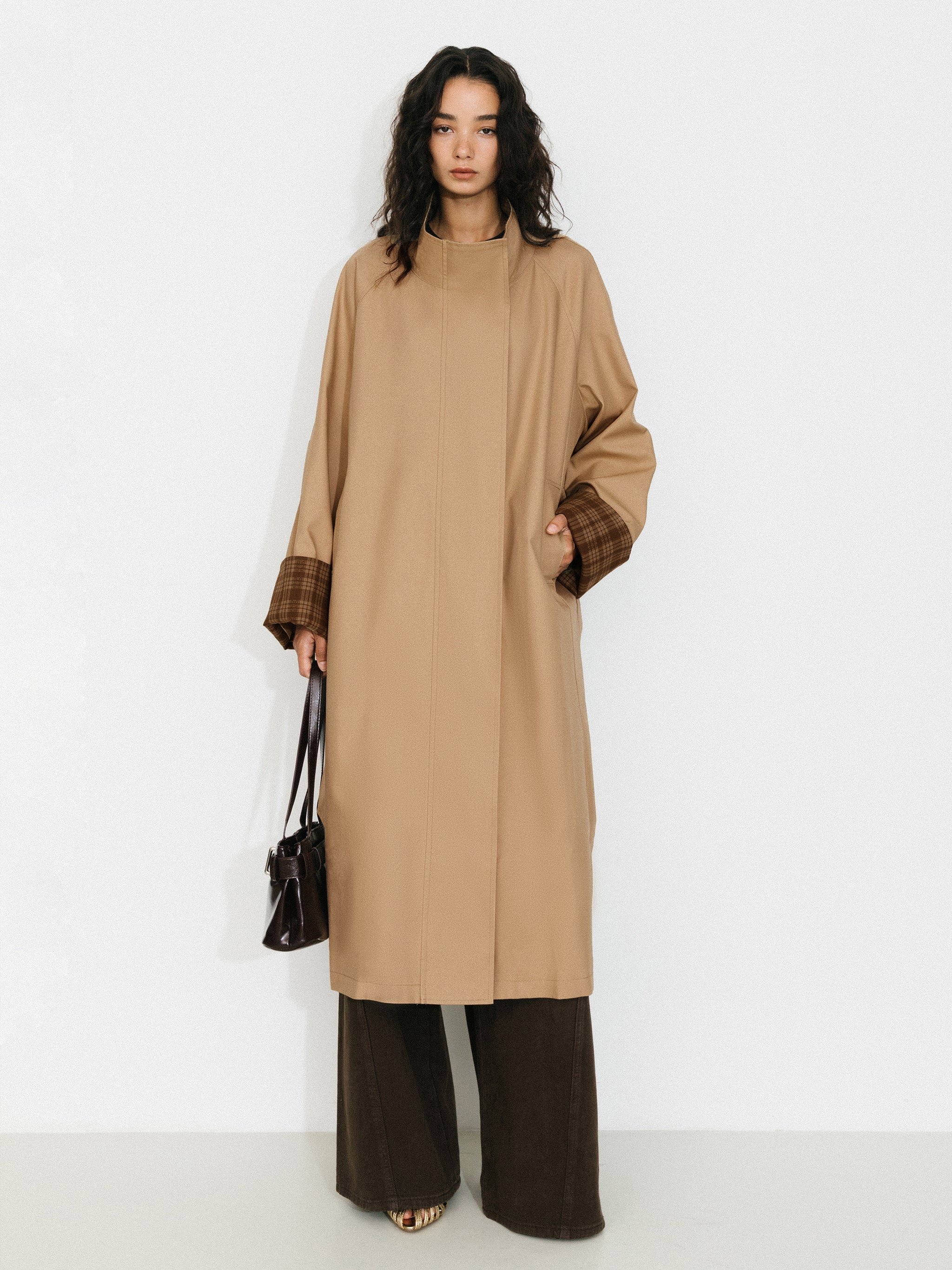 Funnel Neck Colorblock Cuff Trench Coat - Image 5