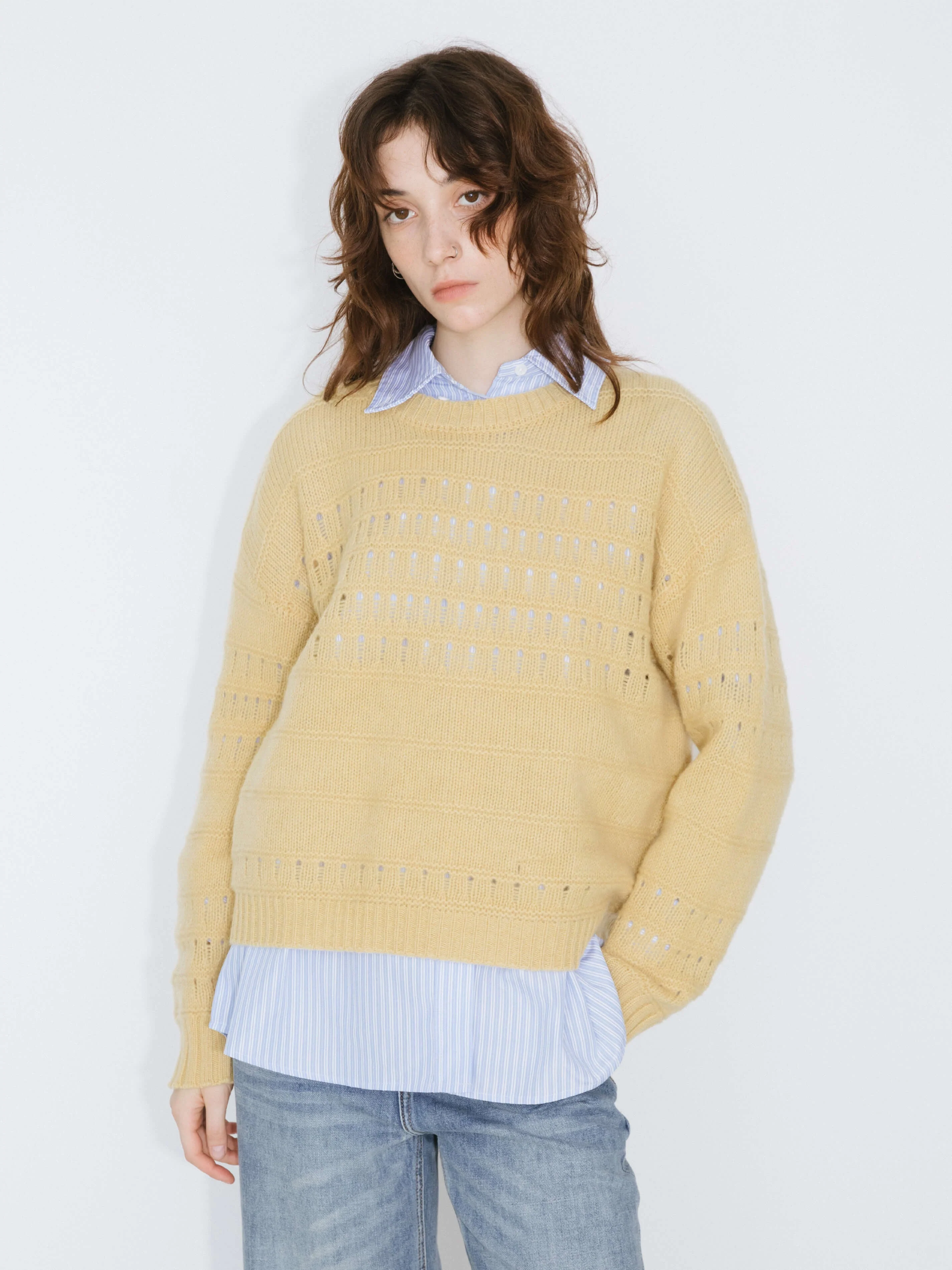 Hollowed 100% Wool Long Sleeves Knit Sweater - Image 14