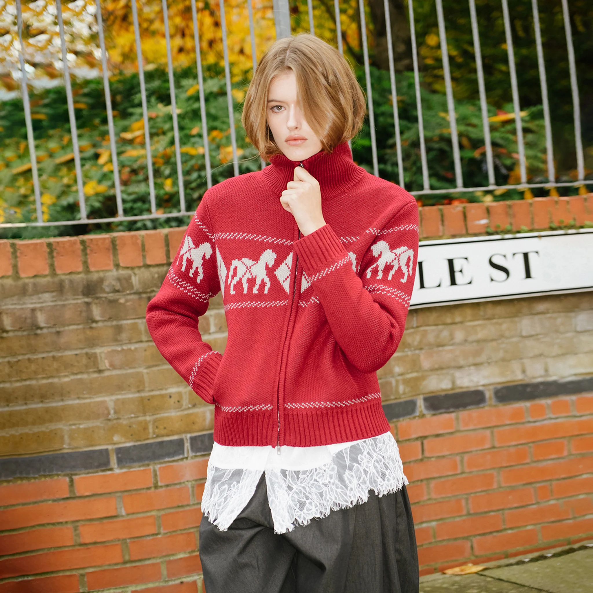 Horse Pattern Diamond Zip-Up Knit Cardigan - Image 3