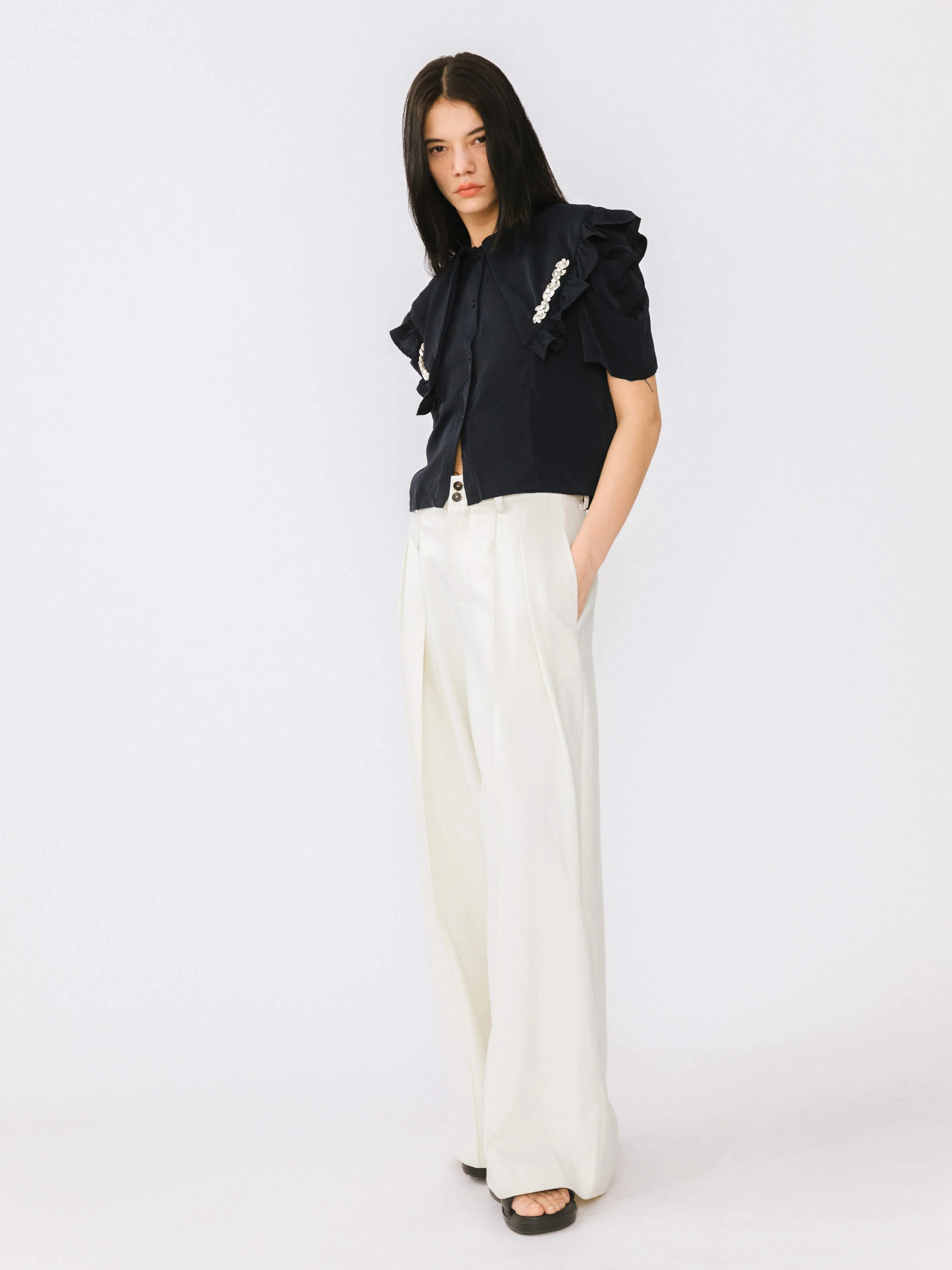 Large Lapel Strass Puff Sleeves T-shirt - Image 11