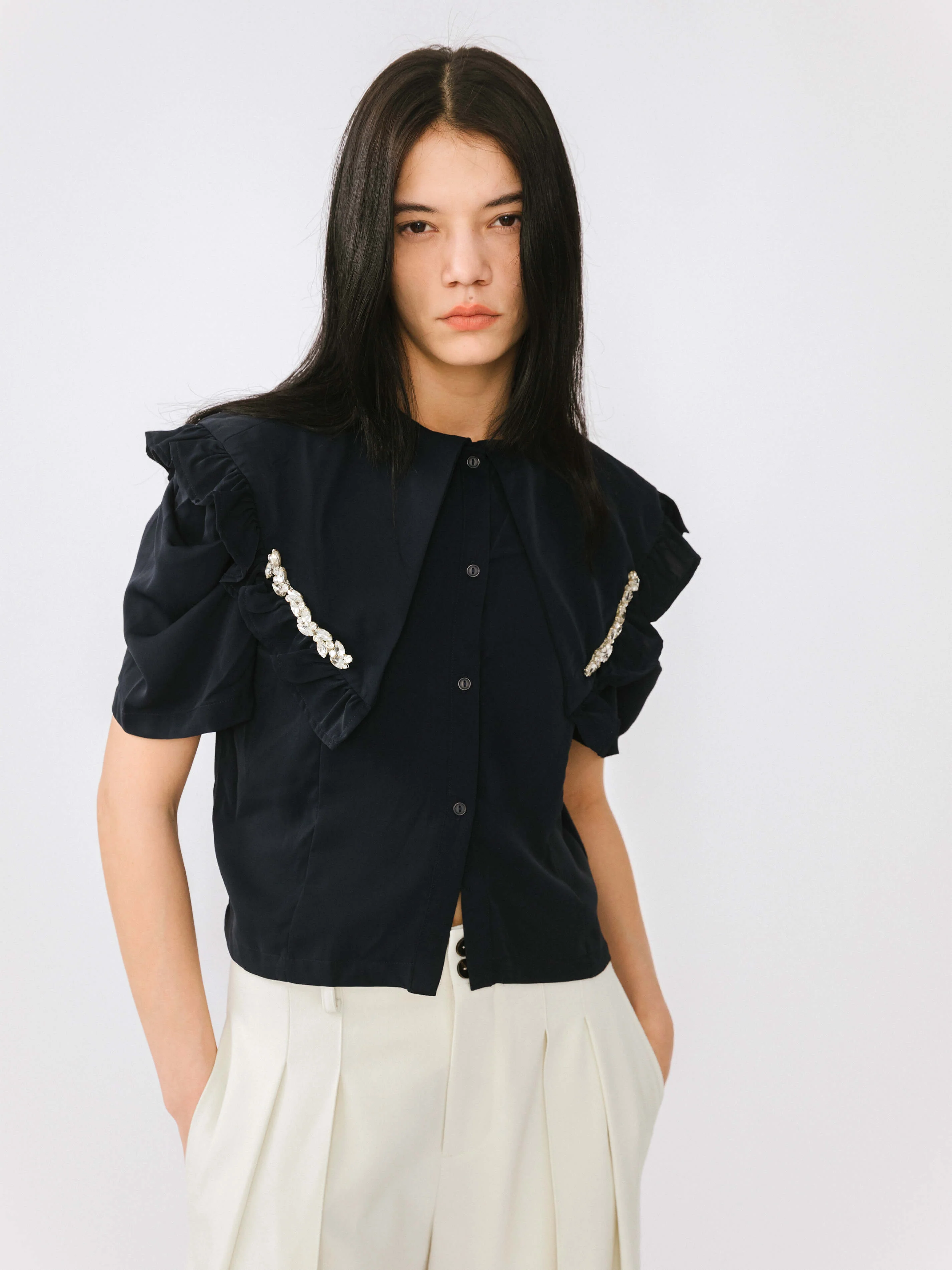 Large Lapel Strass Puff Sleeves T-shirt - Image 7