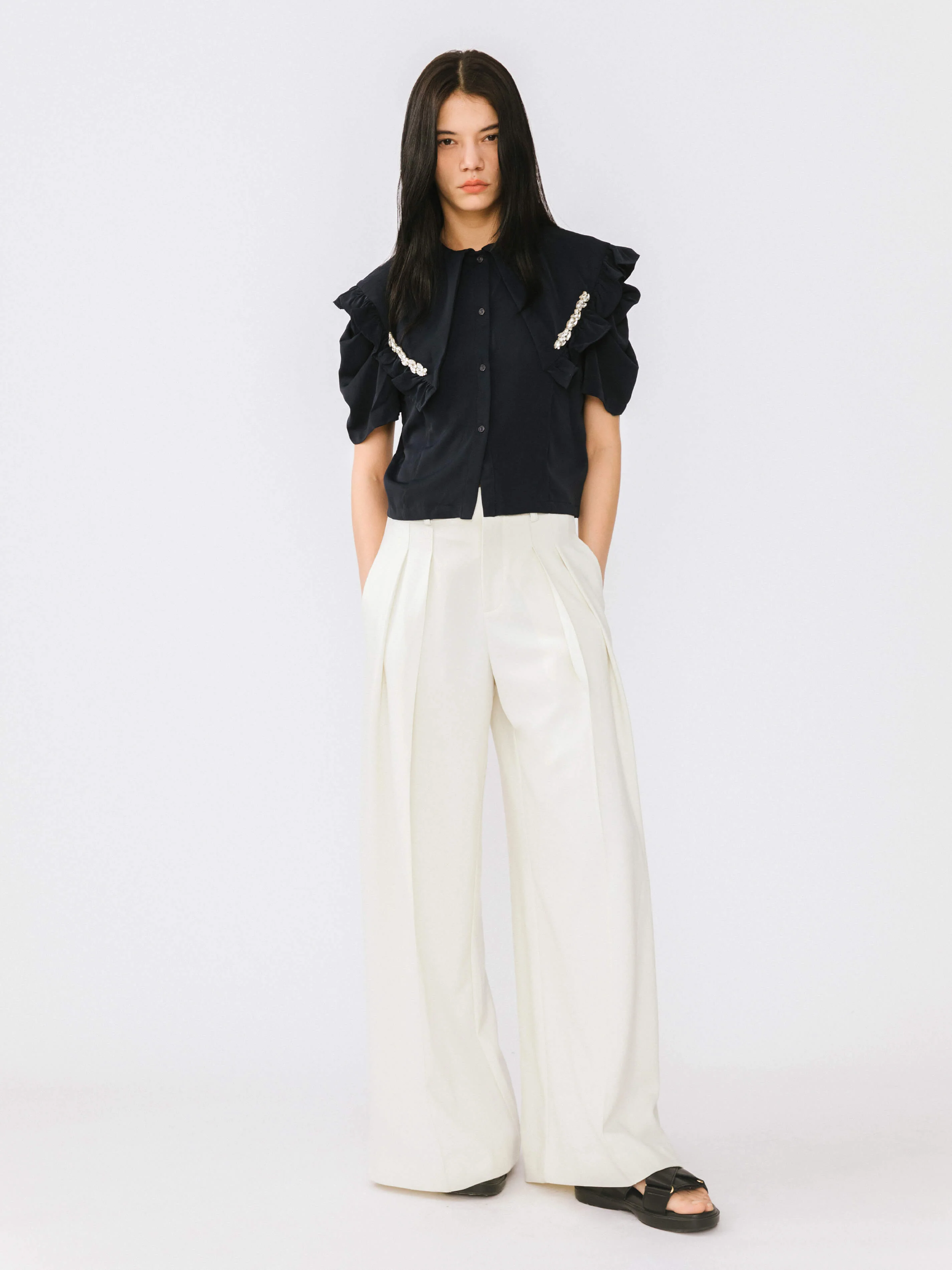 Large Lapel Strass Puff Sleeves T-shirt - Image 8