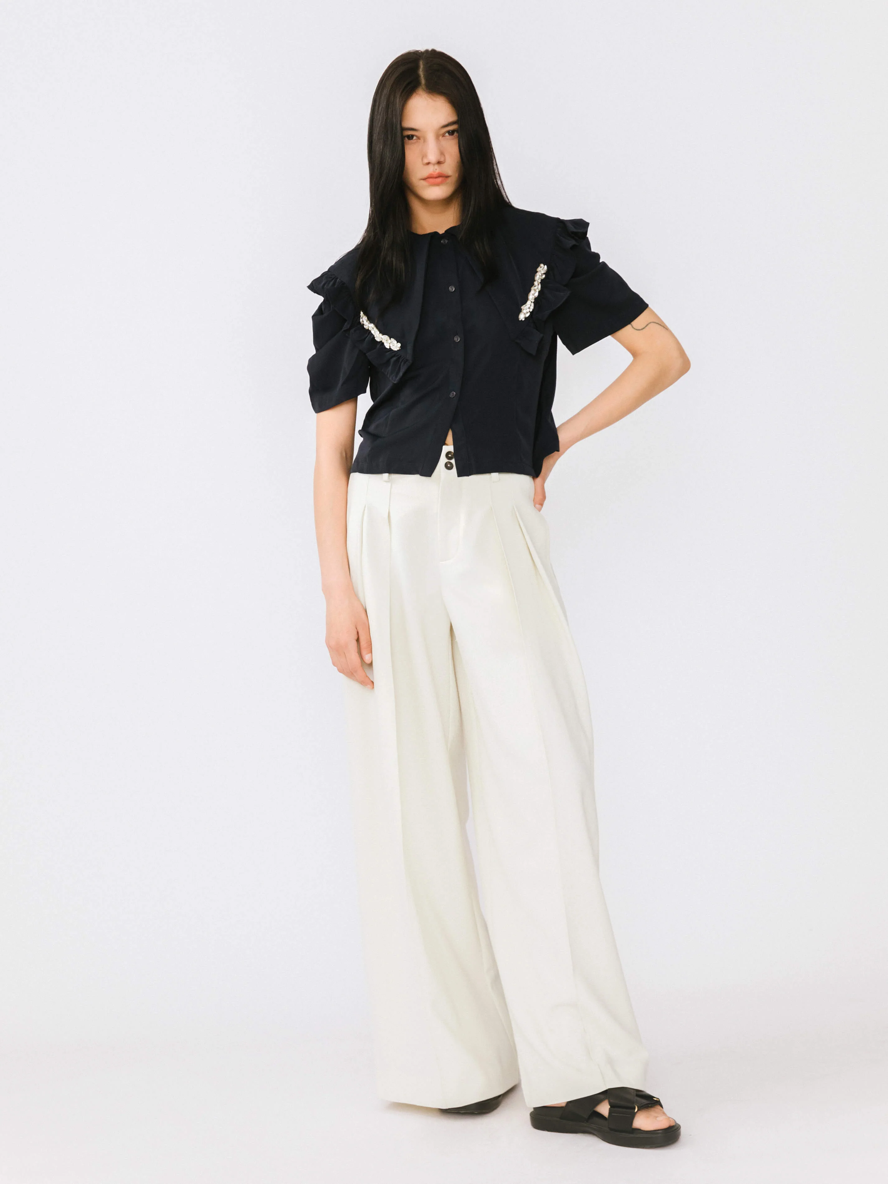 Large Lapel Strass Puff Sleeves T-shirt - Image 9