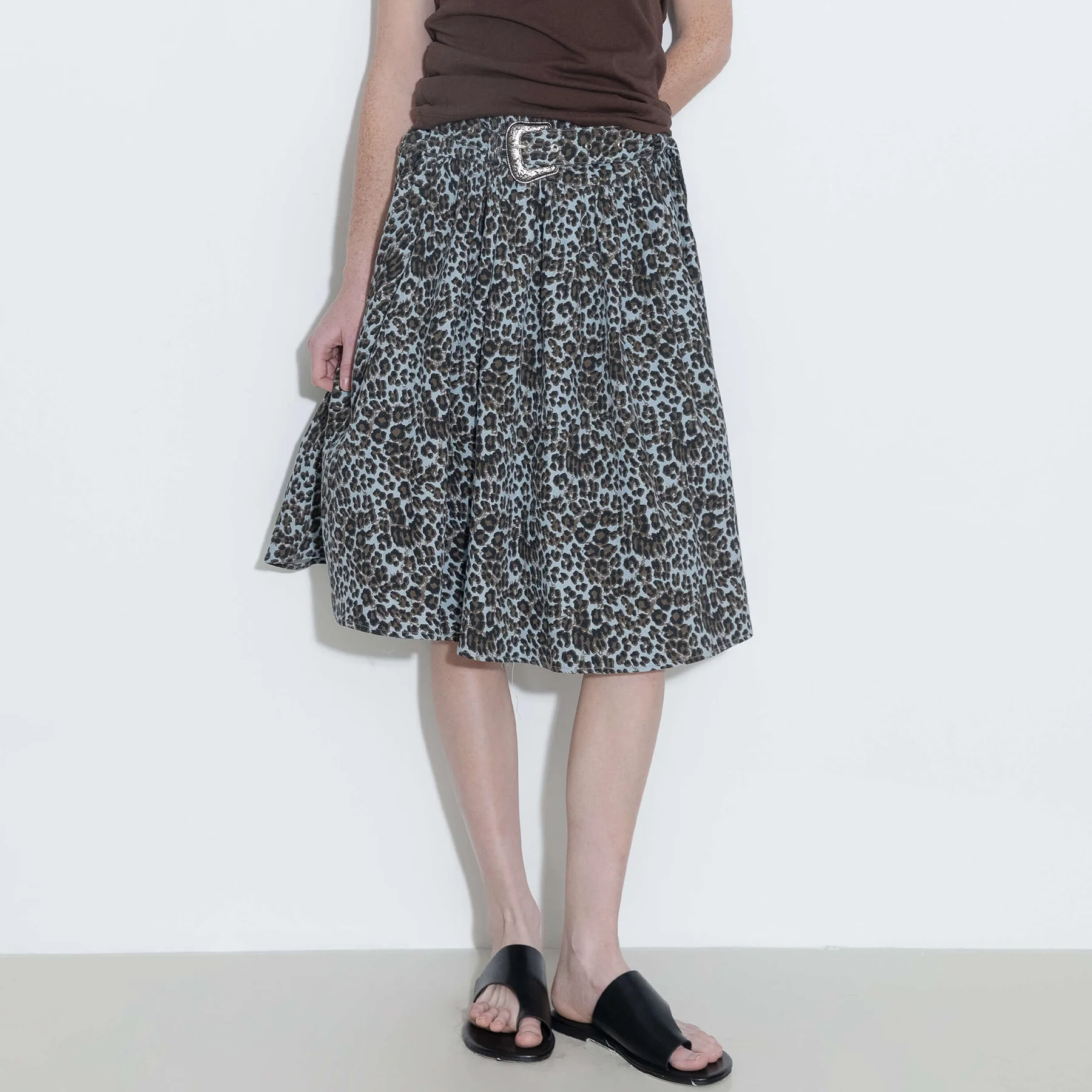 Leopard Print Pleated A-Line Skirt with Belt - Image 3