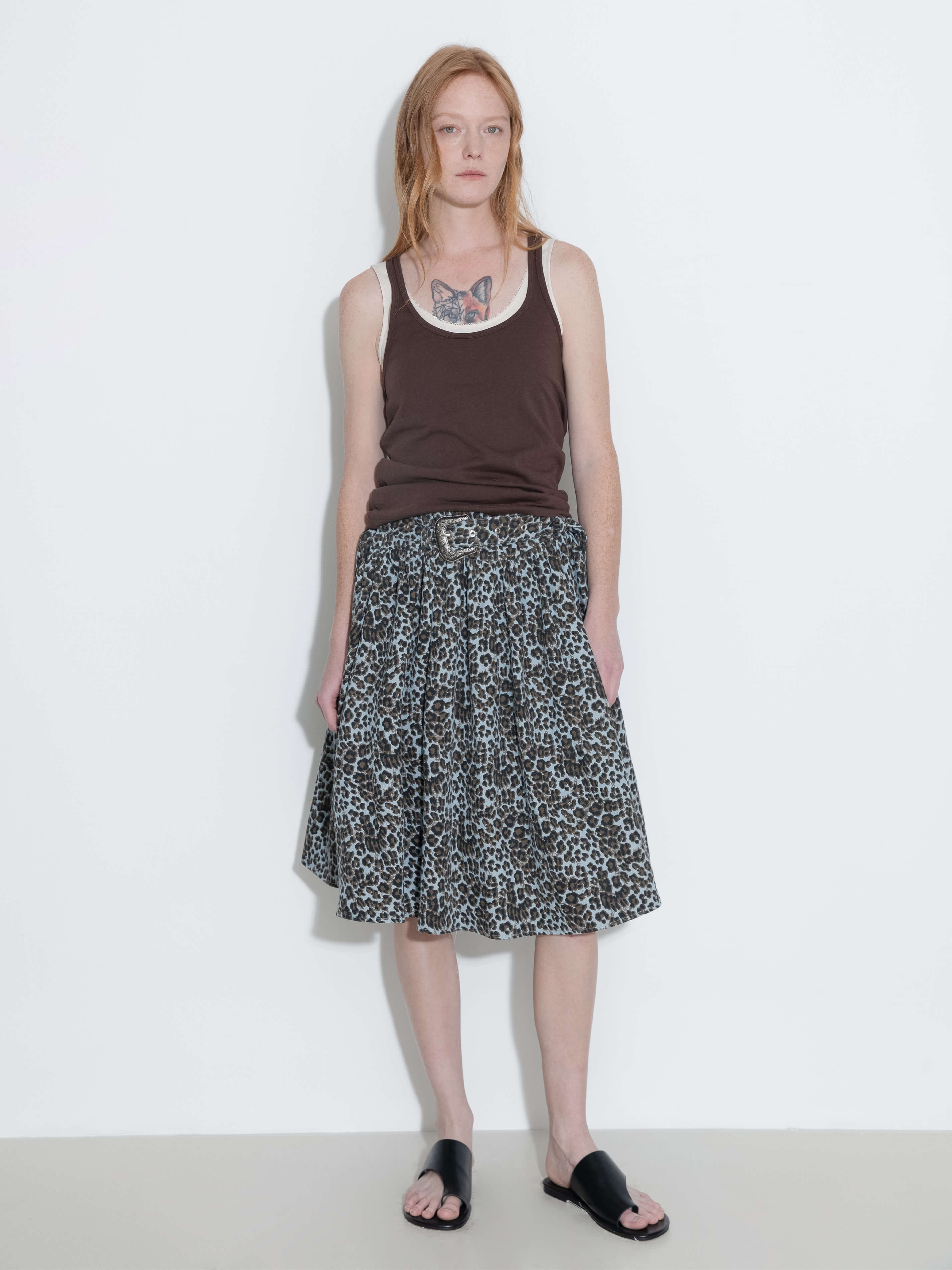 Leopard Print Pleated A-Line Skirt with Belt - Image 4
