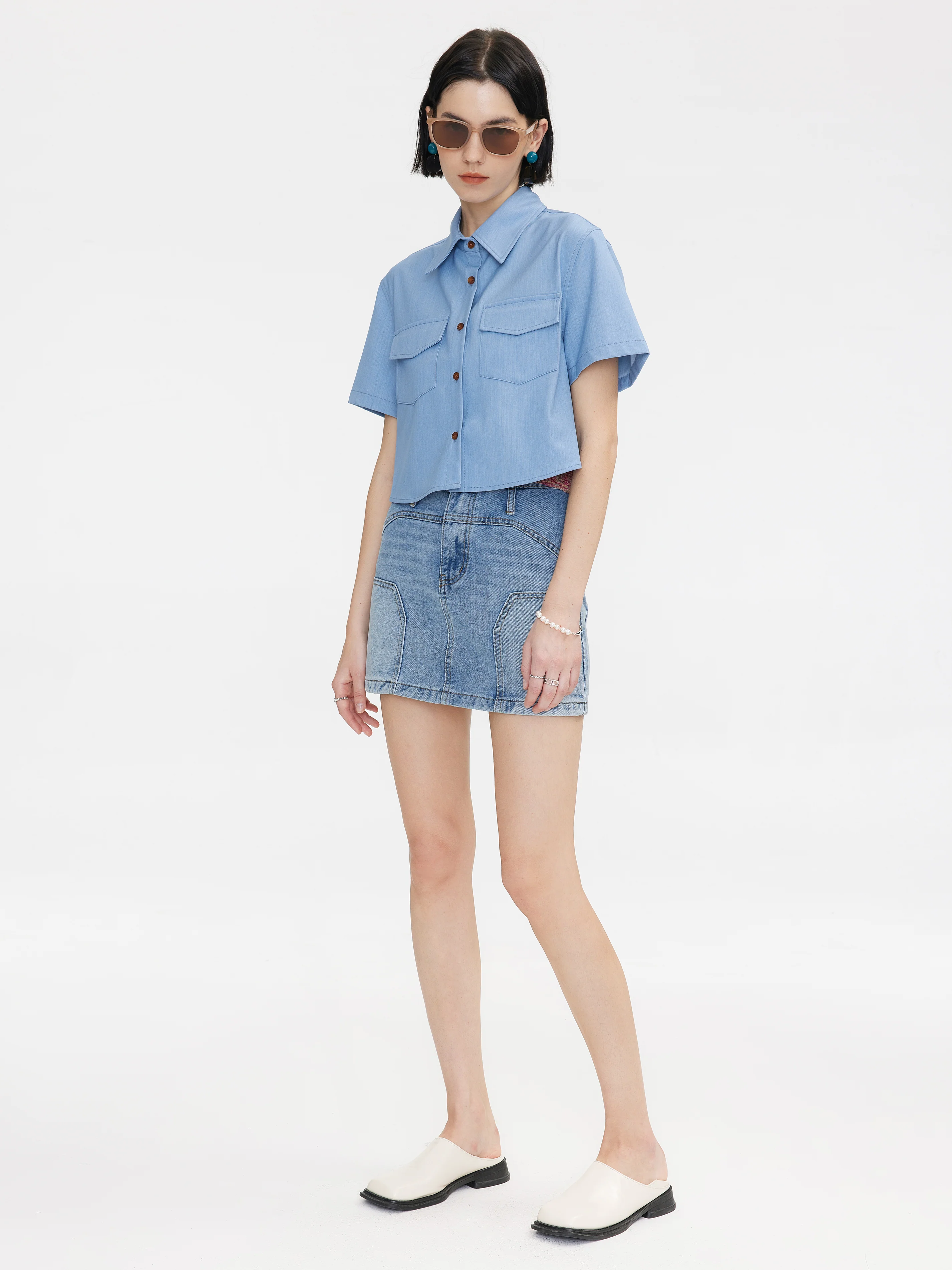 Light Blue Panelled Denim Mini Skirt - Image 3
